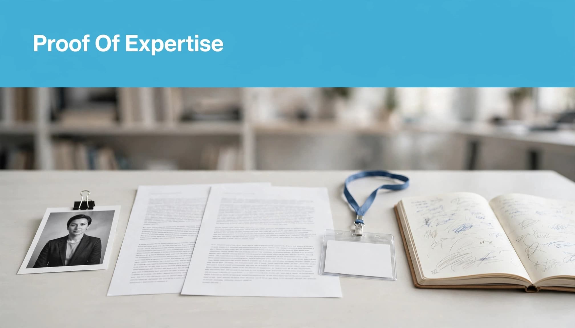 A portrait, article pages, conference badge, and notebook sit beneath a blue headline strip.