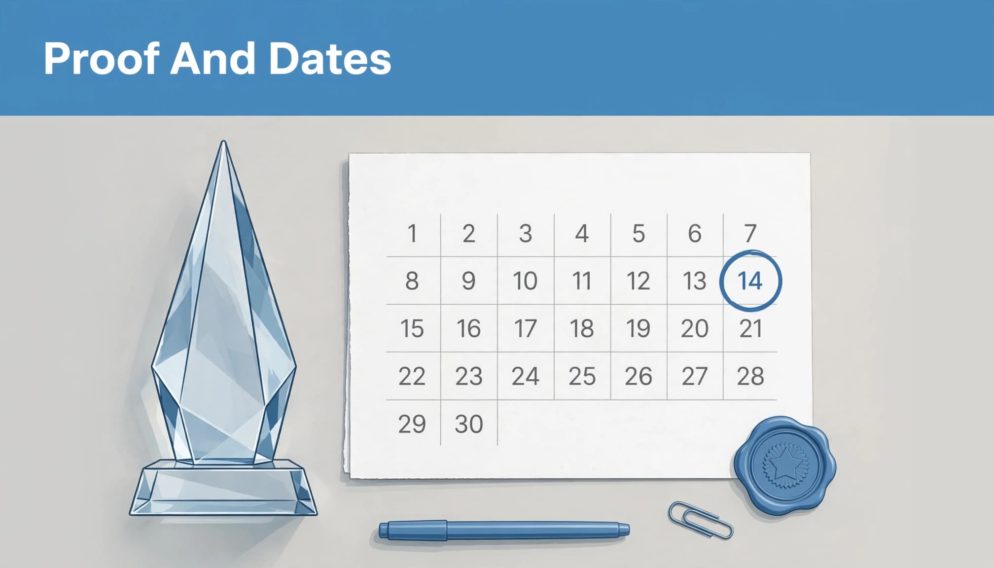 An illustrated award scene with a glass award, a calendar marked on the 14th, and the headline Proof And Dates.