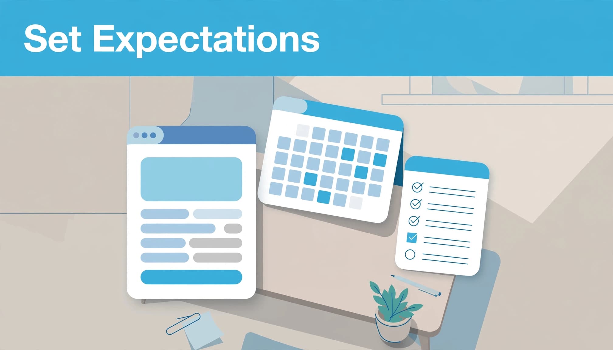 An illustrated browser card, calendar, and checklist with the headline Set Expectations.