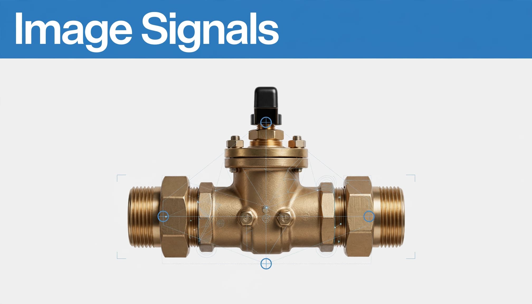 An industrial brass valve with blue recognition marks and a blue headline strip reading