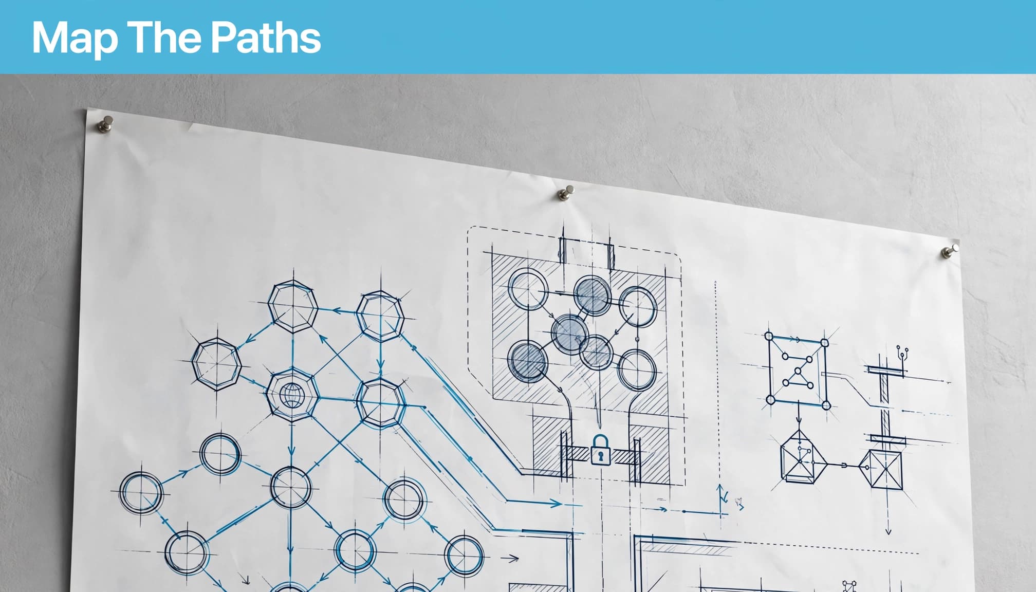A pinned architectural blueprint on a wall with the headline Map The Paths.
