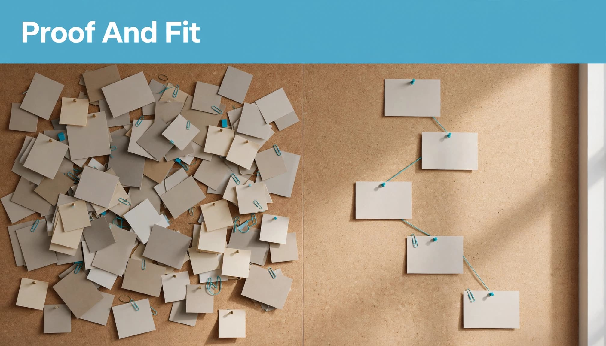 Scattered task cards sit beside a connected workflow under a cyan headline strip.