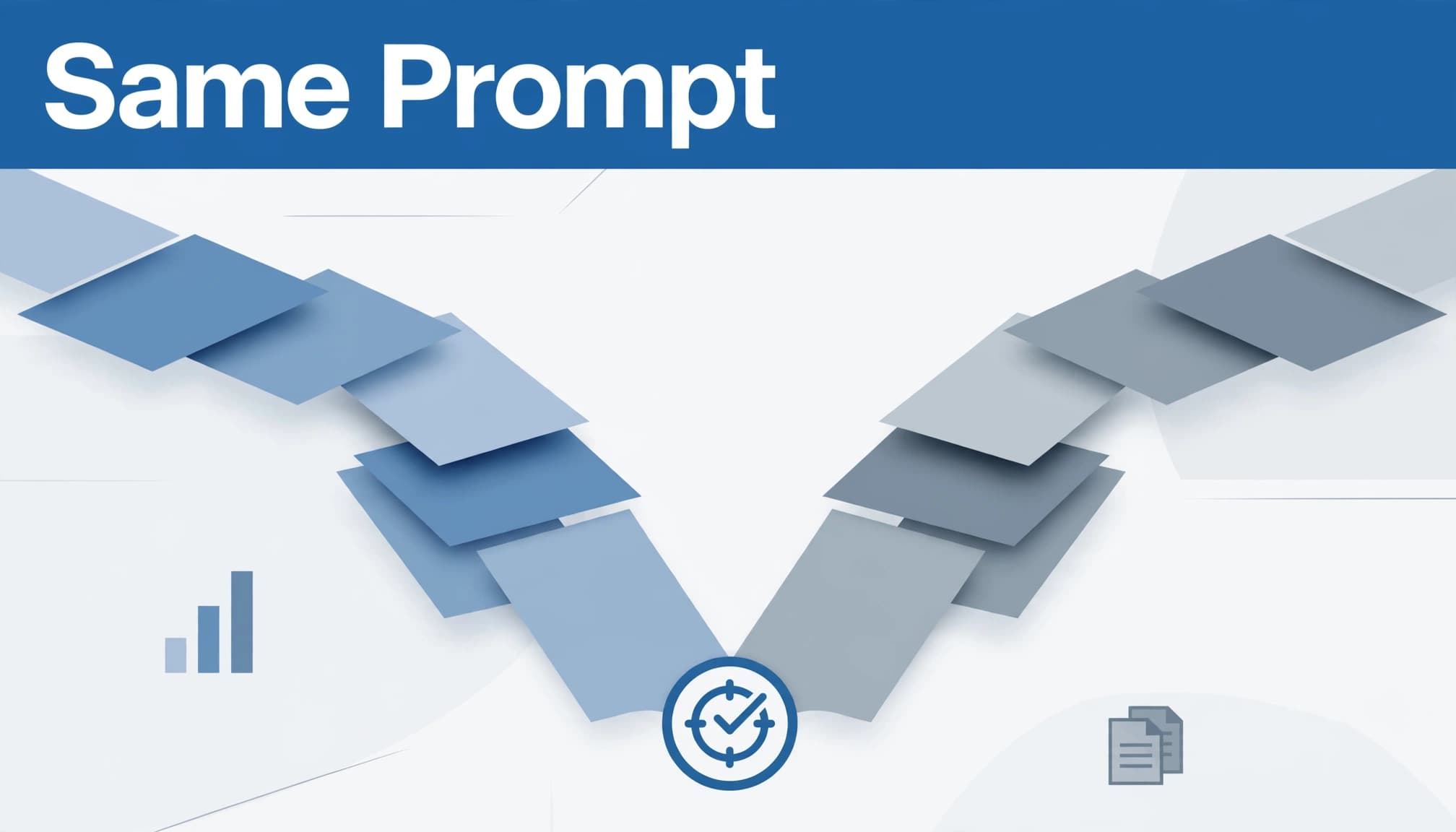 An editorial illustration with a blue header saying 'Same Prompt' above two streams of paper cards converging.