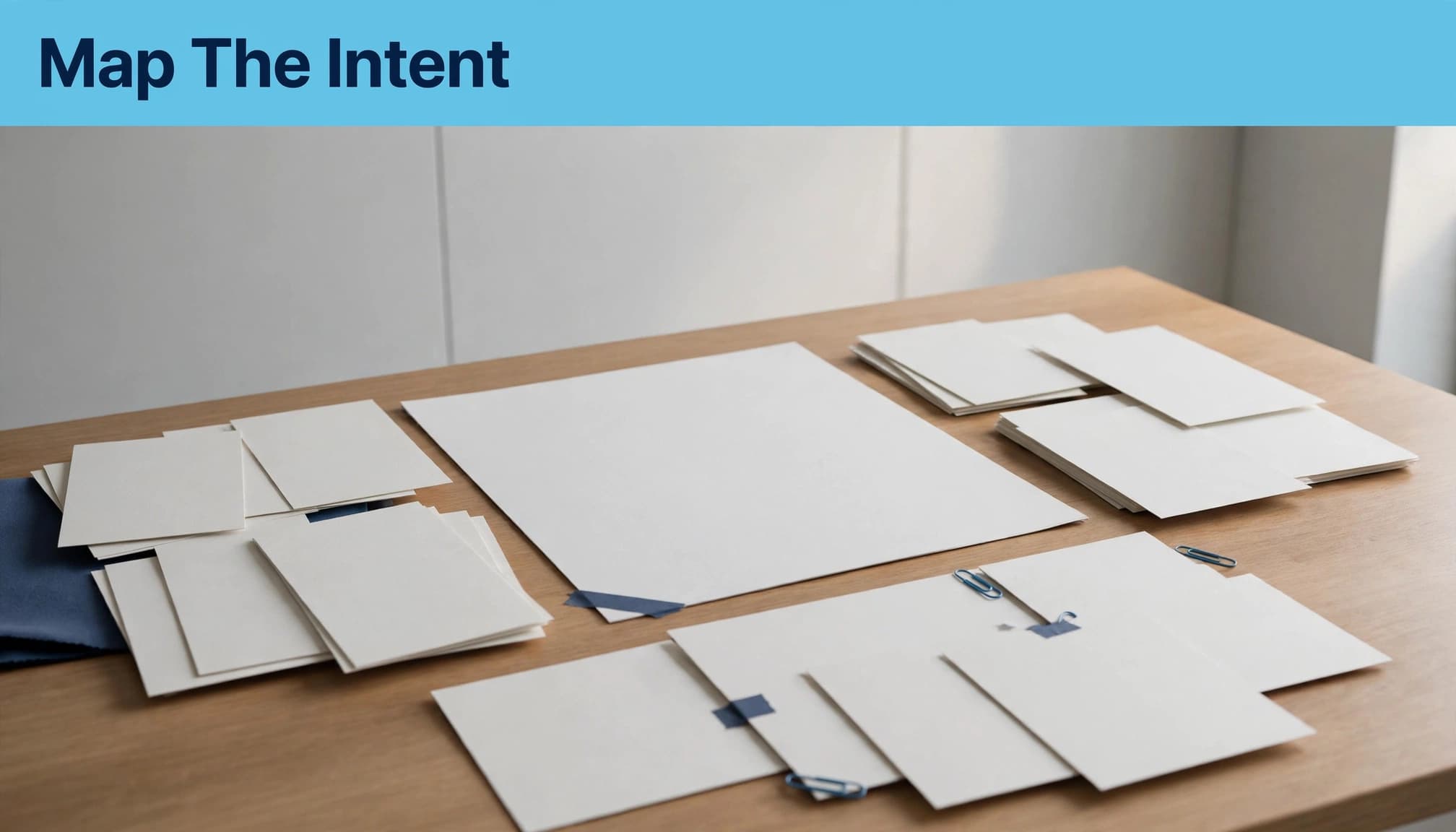 Blank cards sit in three groups around a central page beneath a blue headline strip.