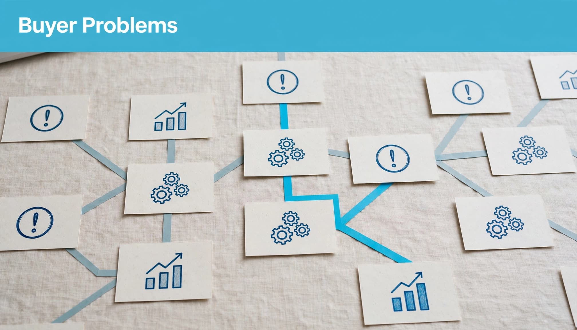 Paper cards connect buyer problems, workflow steps, and outcomes along a highlighted cyan route.
