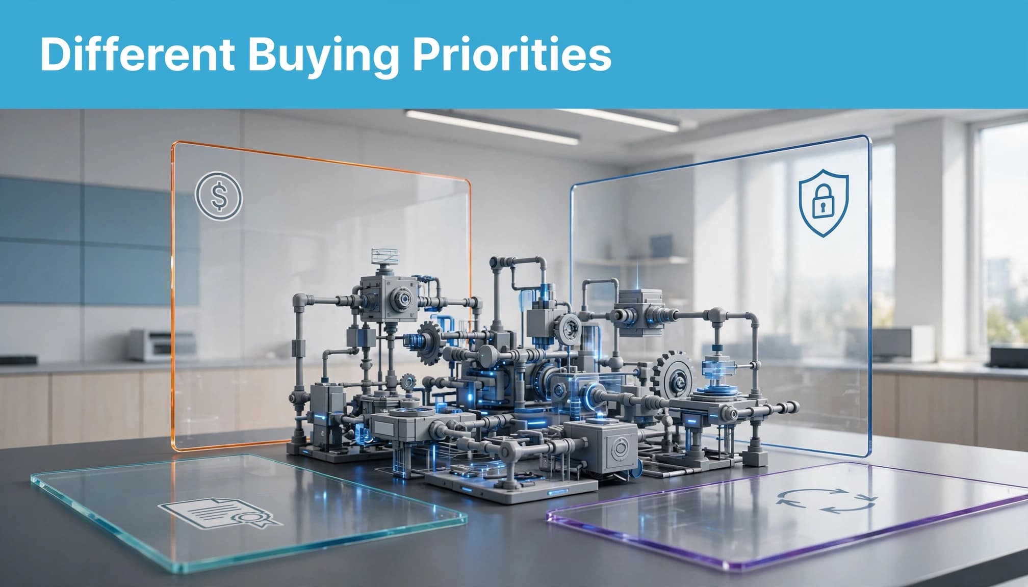 An abstract business model with four transparent panels and the headline Different Buying Priorities.