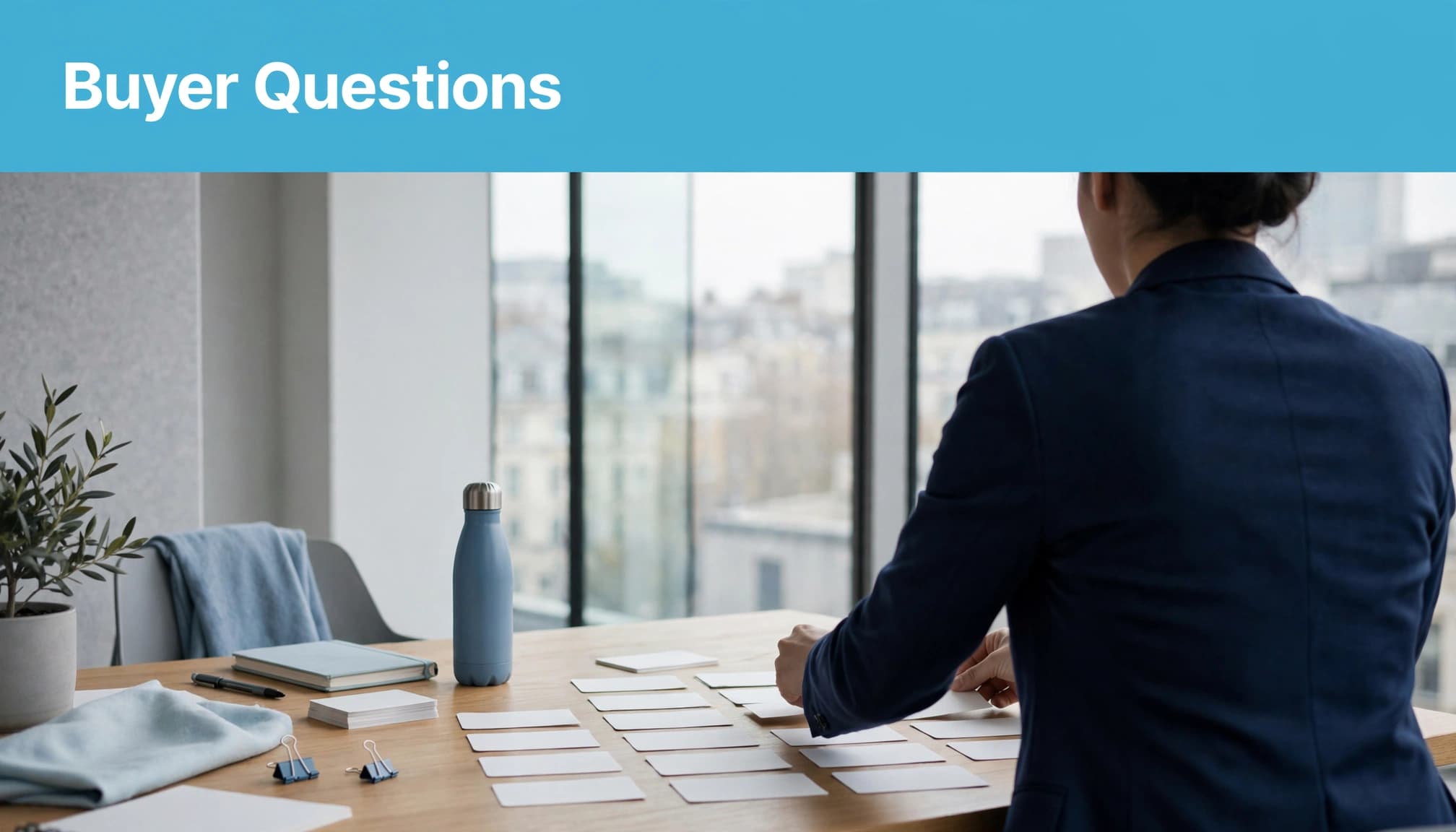 A strategist sorts question cards on a meeting table beneath a blue headline strip.