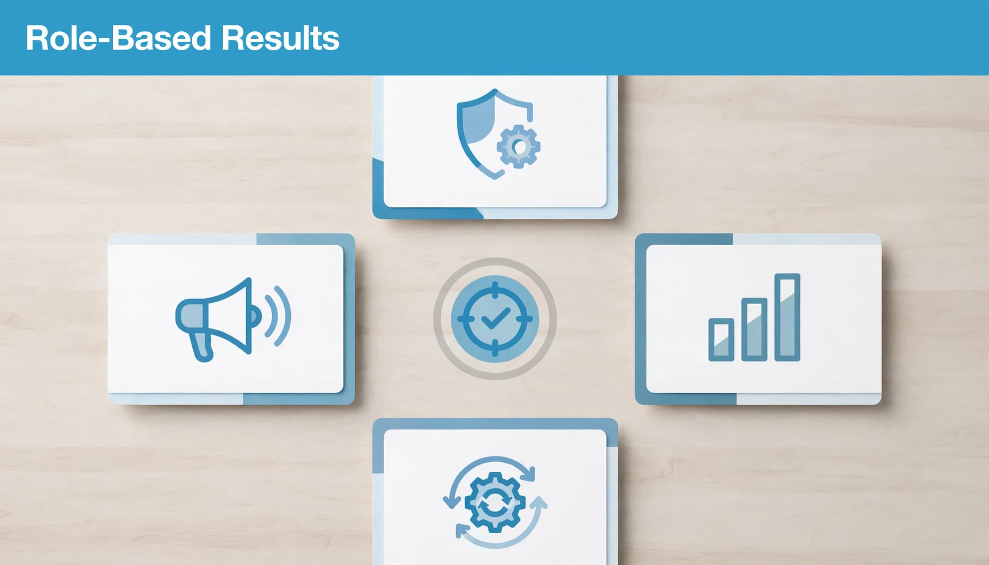 Top-down view of four briefing cards and a central icon on a table, with headline Role-Based Results.