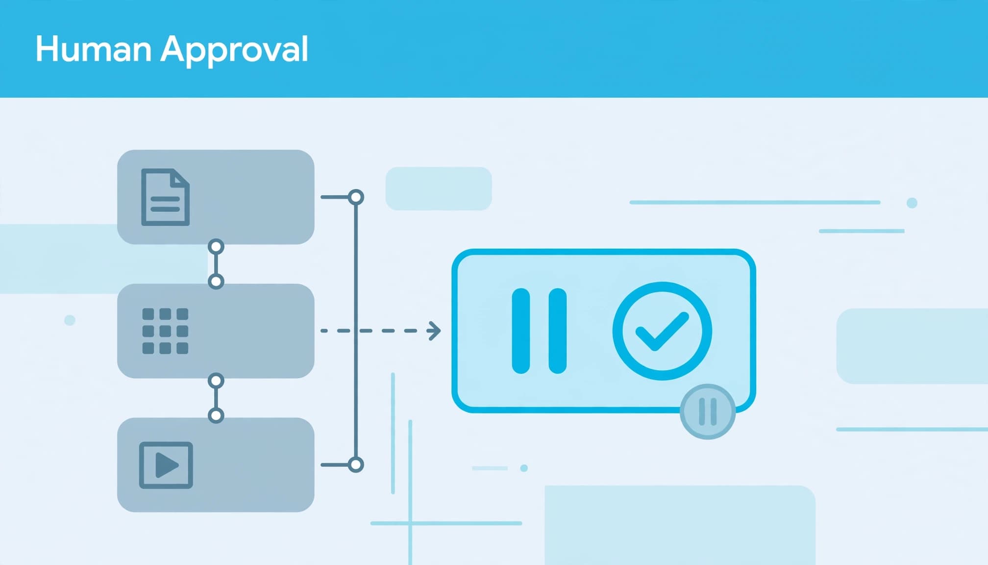 Editorial vector illustration with the headline Human Approval showing abstract campaign cards connected to a paused status.