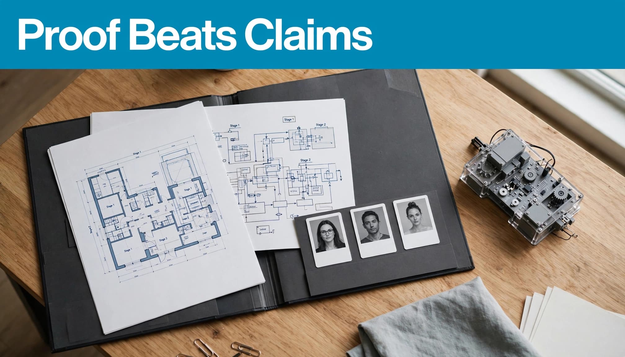 Project diagrams, portrait cards, and a prototype arranged on a wooden table.