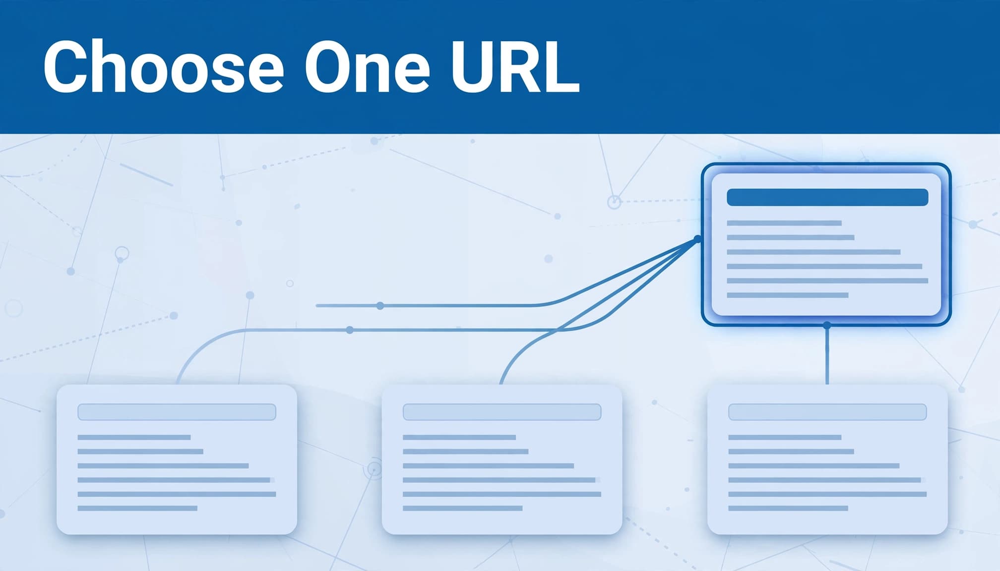 A diagram with the headline Choose One URL showing website page cards converging into a preferred page.