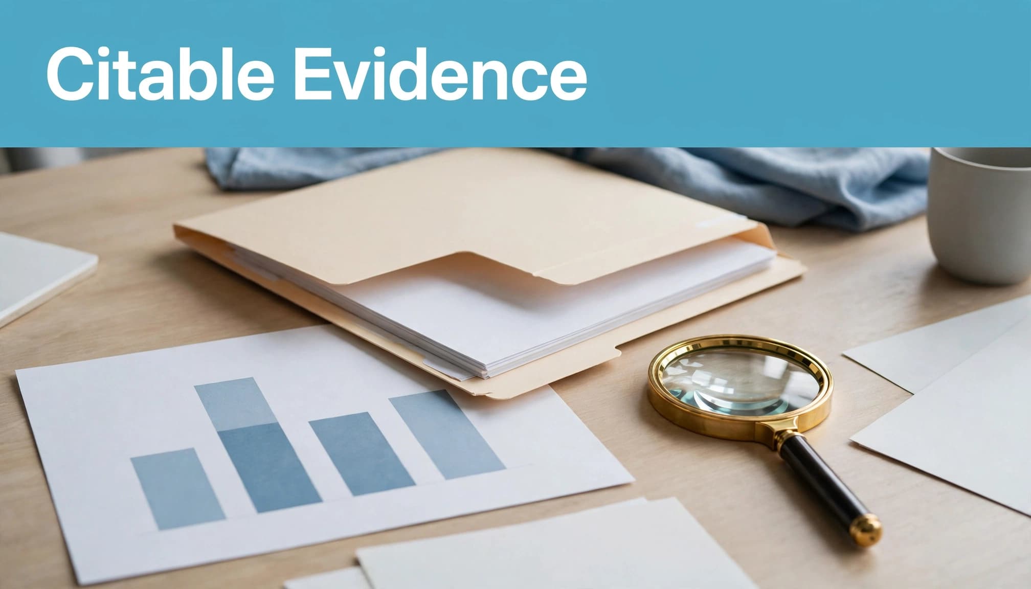 An abstract chart, document folder, and magnifying glass sit beneath a blue headline strip.