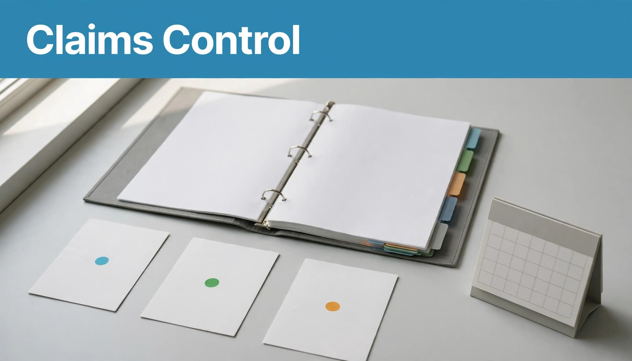 An open tabbed binder, marker cards, and a blank calendar on a light table.