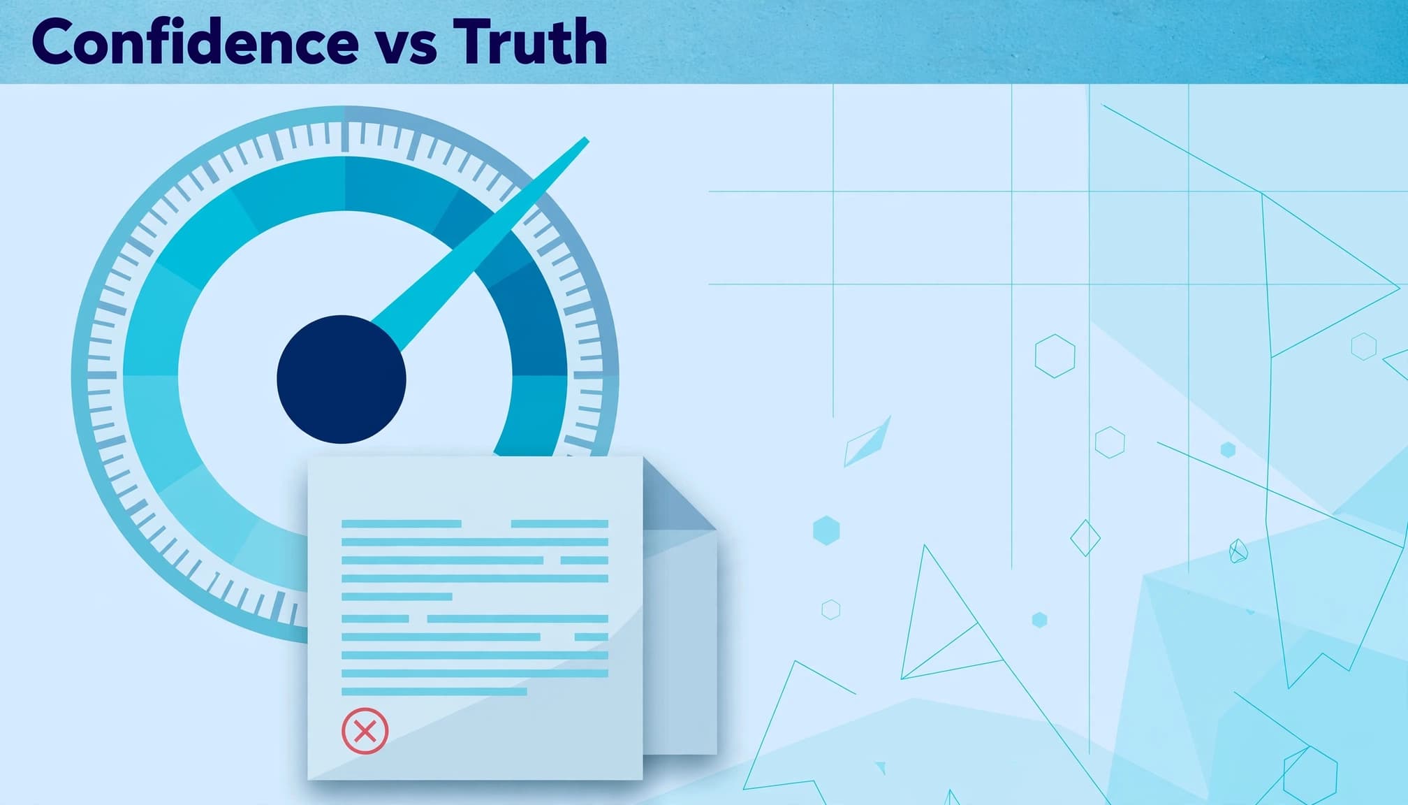 A confidence gauge beside a source document illustrates the difference between confidence and factual accuracy.