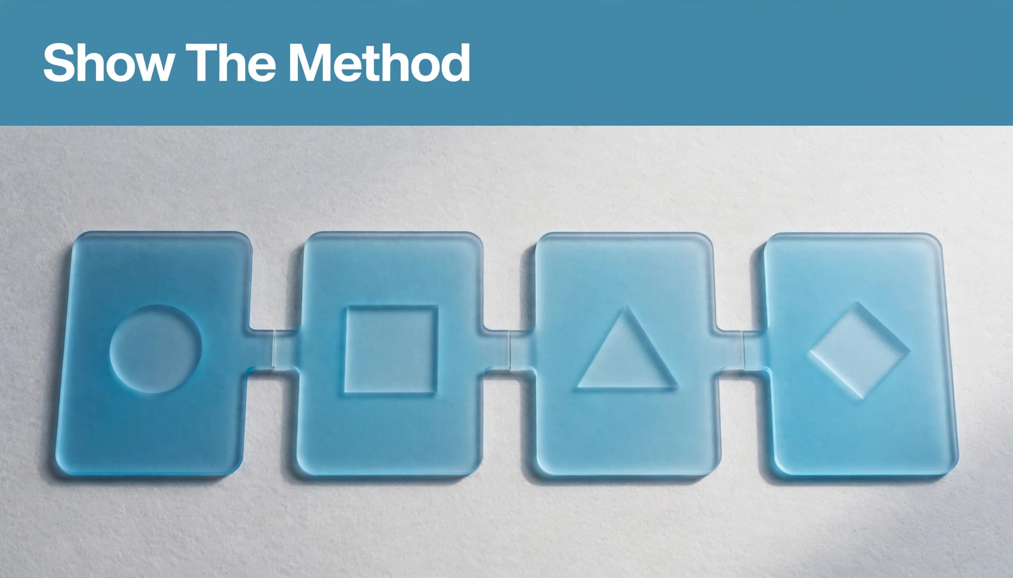 Four translucent cards connect in a row beneath a blue-cyan headline strip.
