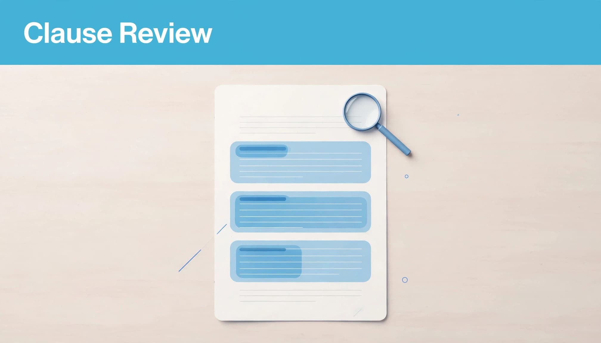 A top-down view of a document with three highlighted blocks and a magnifying glass, with the headline Clause Review.