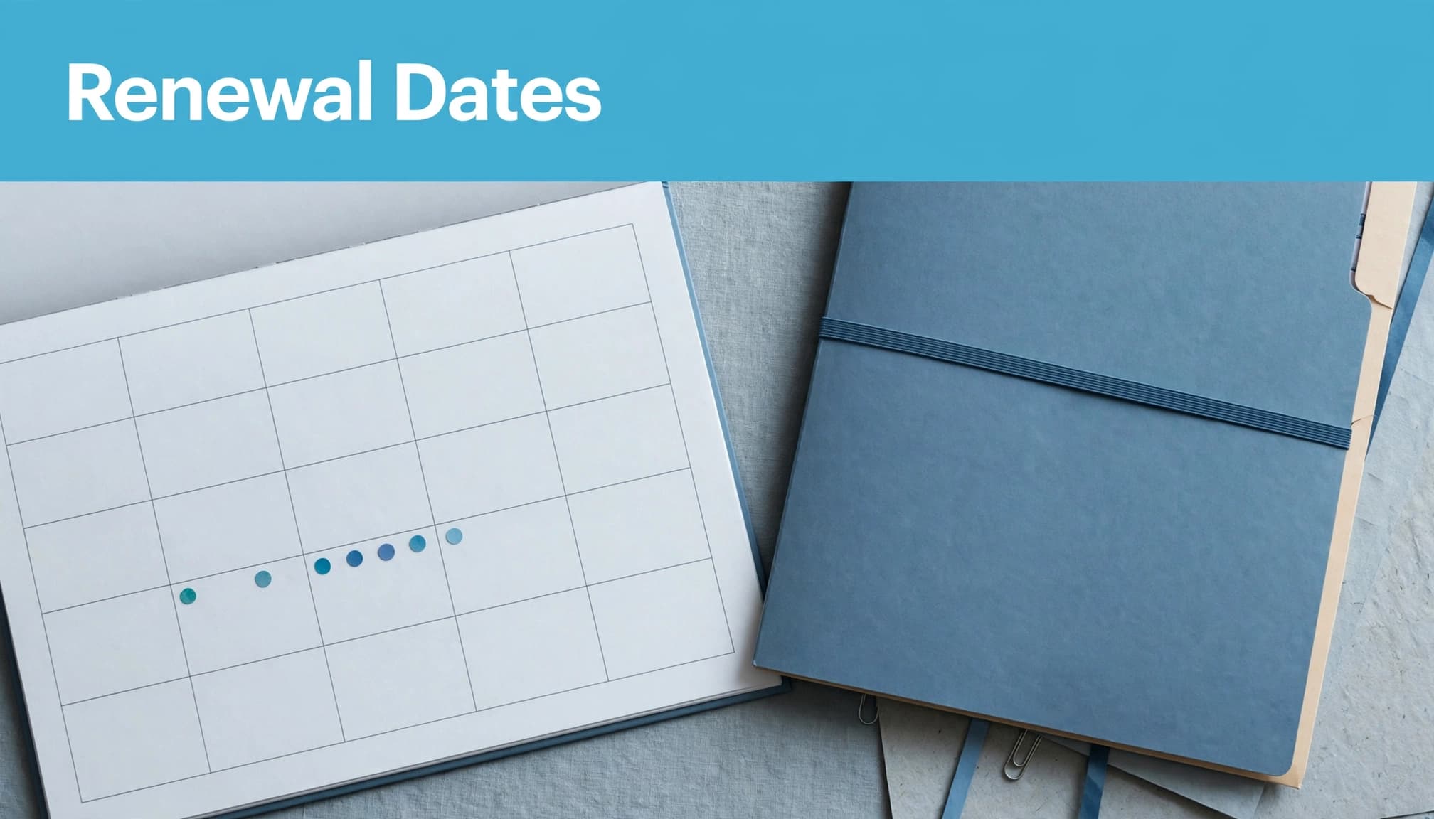 A calendar and sealed folder on a desk below a blue caption banner reading Renewal Dates.