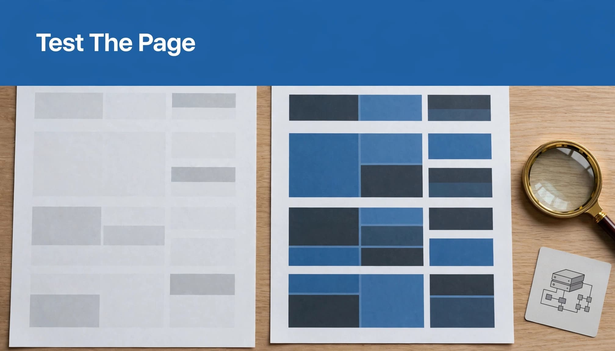 Two printed page layouts, one sparse and one populated, sit beside a magnifying glass and server card.