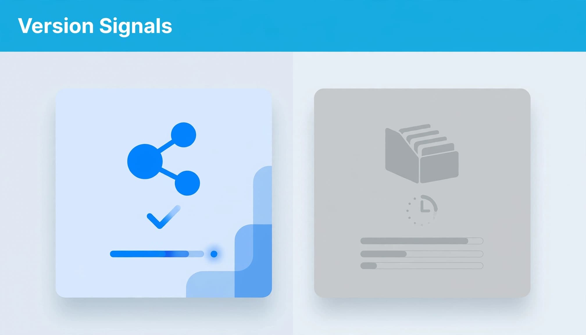 A blue current product card sits beside a faded archived card beneath a cyan headline strip.