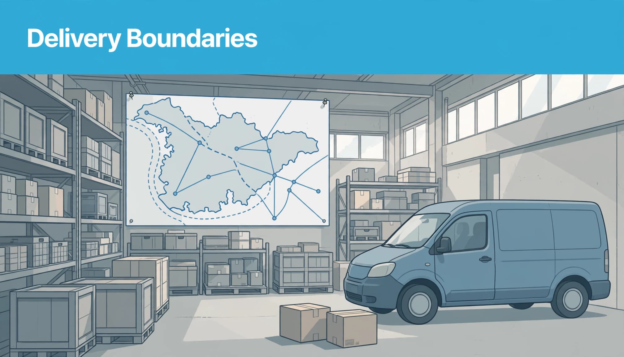 An illustrated warehouse interior with a delivery van, map, and parcels, featuring the text Delivery Boundaries.
