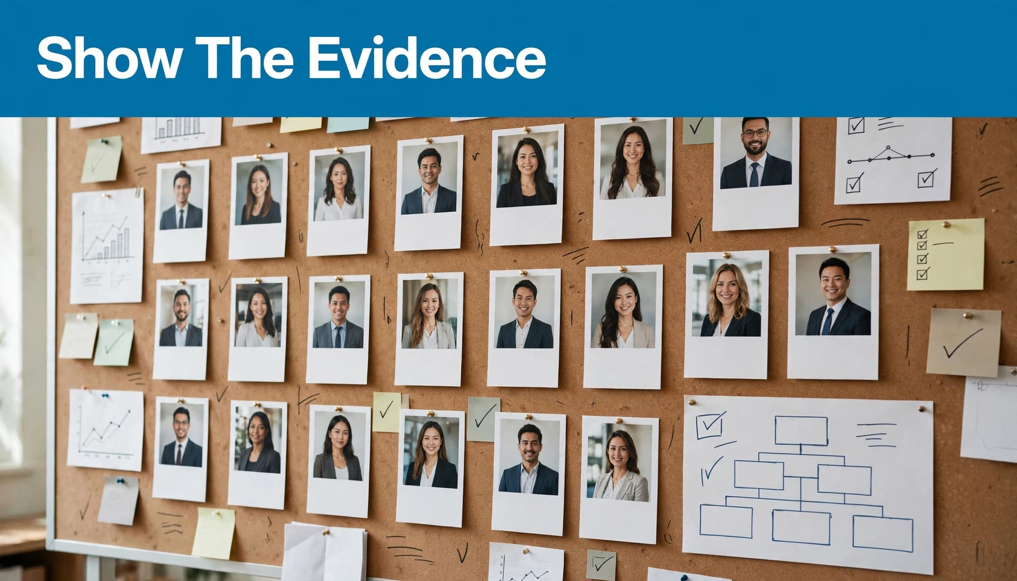 Profile cards, project notes, and an organization chart fill a board beneath a blue headline strip.
