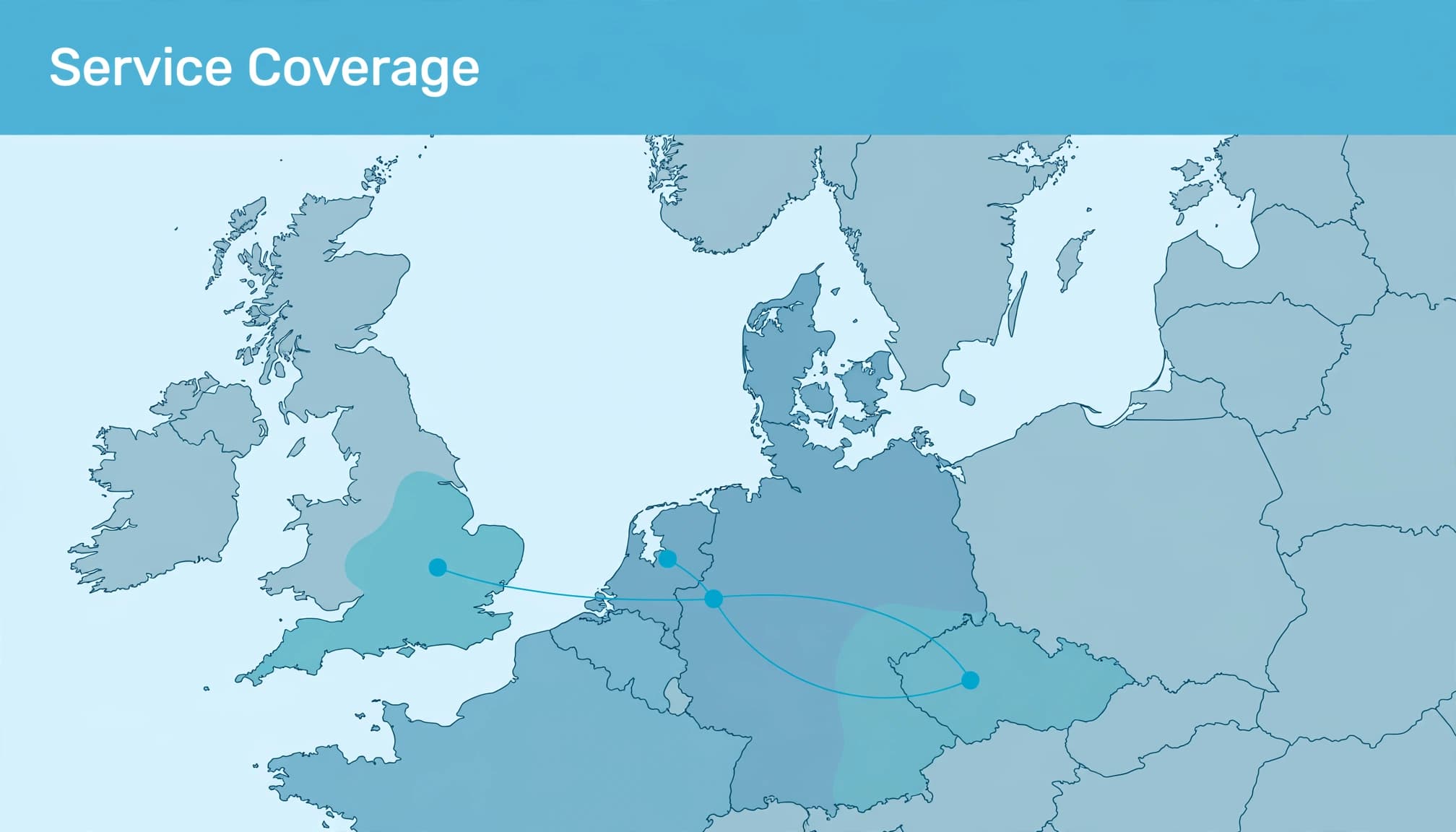 A map of Western Europe with service coverage highlighted, featuring the headline Service Coverage at the top.