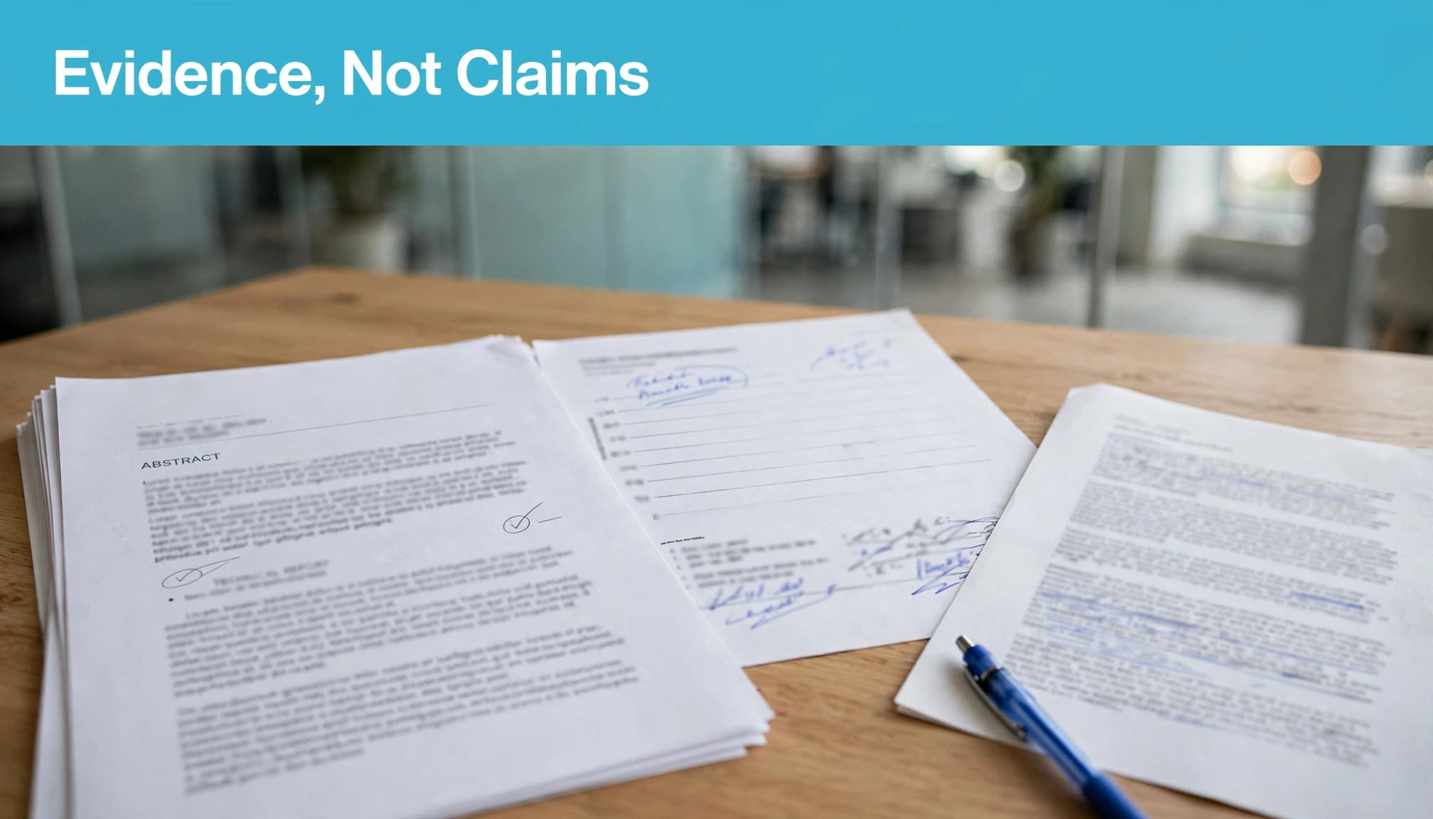 A report, annotated chart, source document, and pen lie on a meeting table beneath a blue headline strip.