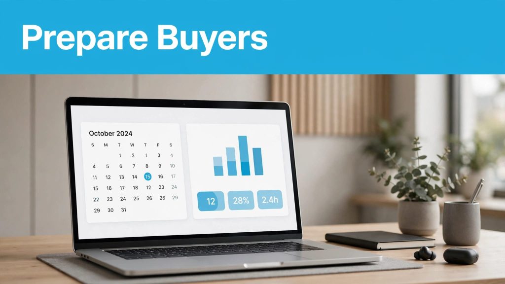 A laptop shows a software demo booking page with a calendar and product dashboard.