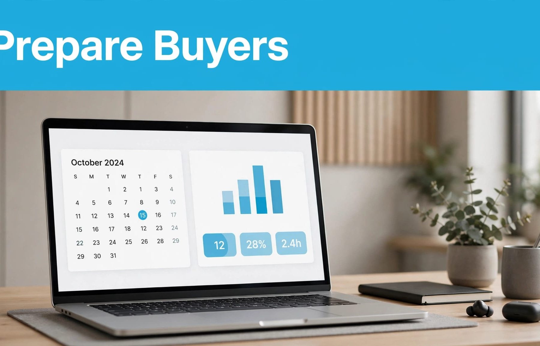 A laptop shows a software demo booking page with a calendar and product dashboard.