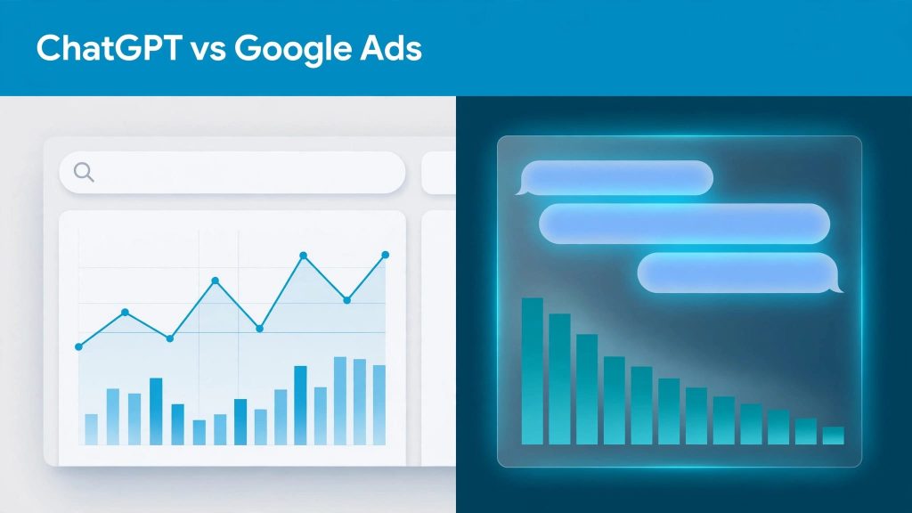 A search advertising dashboard sits beside a glowing chat interface, with charts on both sides.