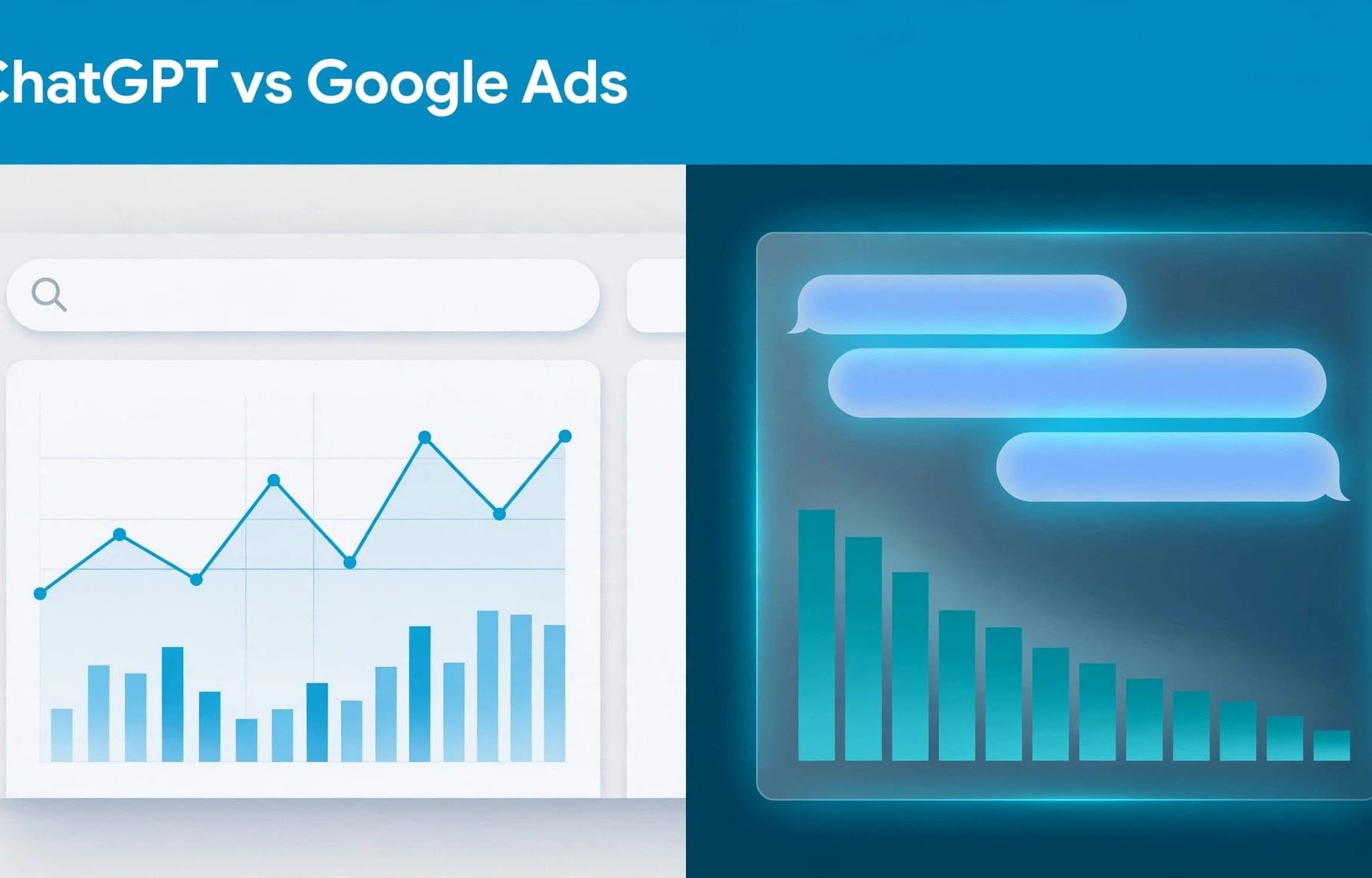 A search advertising dashboard sits beside a glowing chat interface, with charts on both sides.