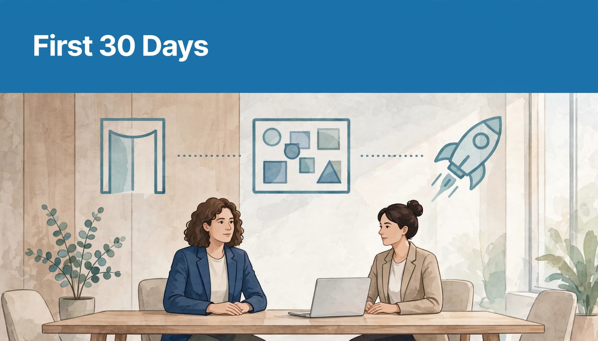 An editorial illustration of two women at a meeting table with a