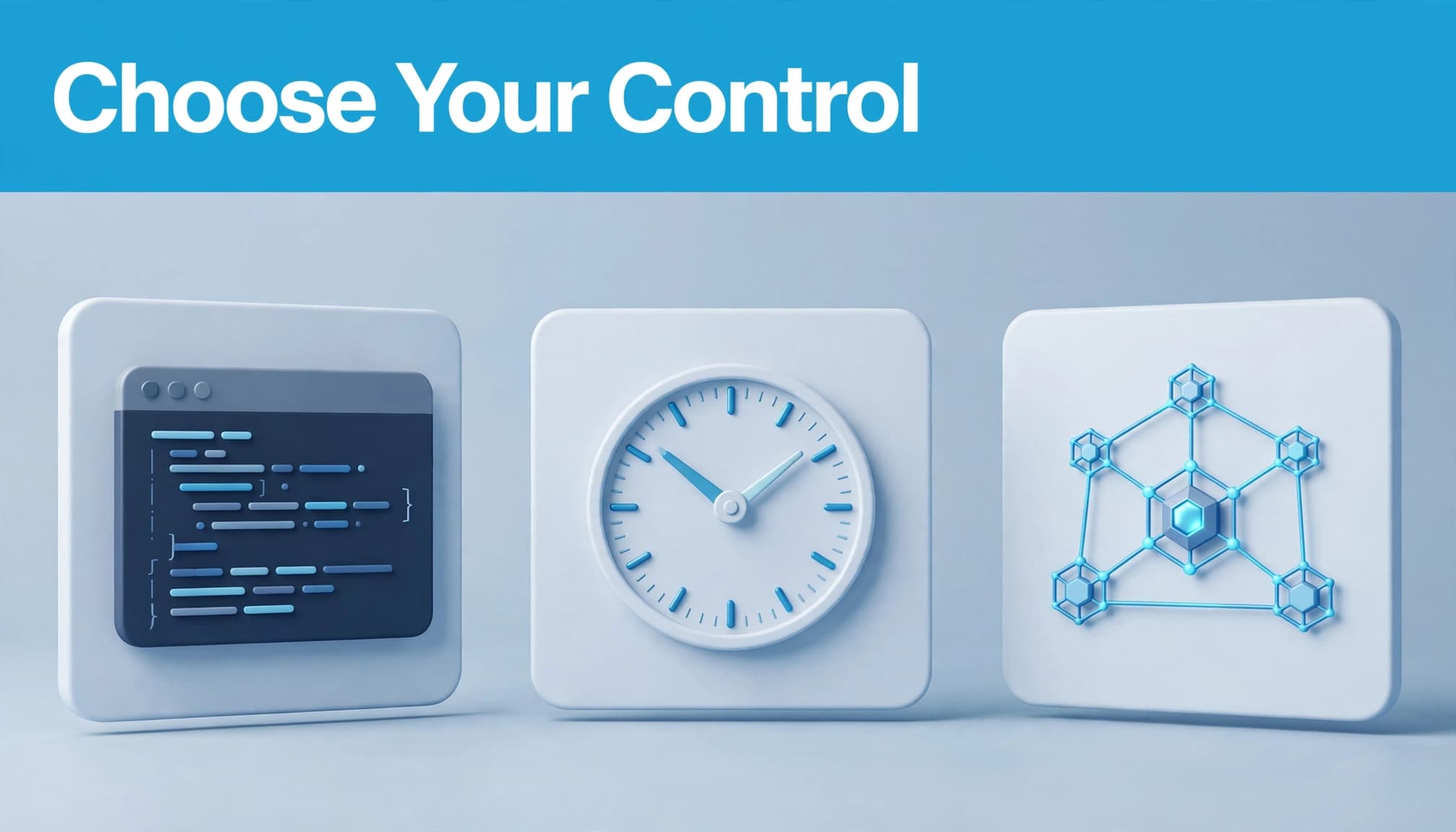 A code window, clock dial, and node diagram sit beneath a blue headline banner.