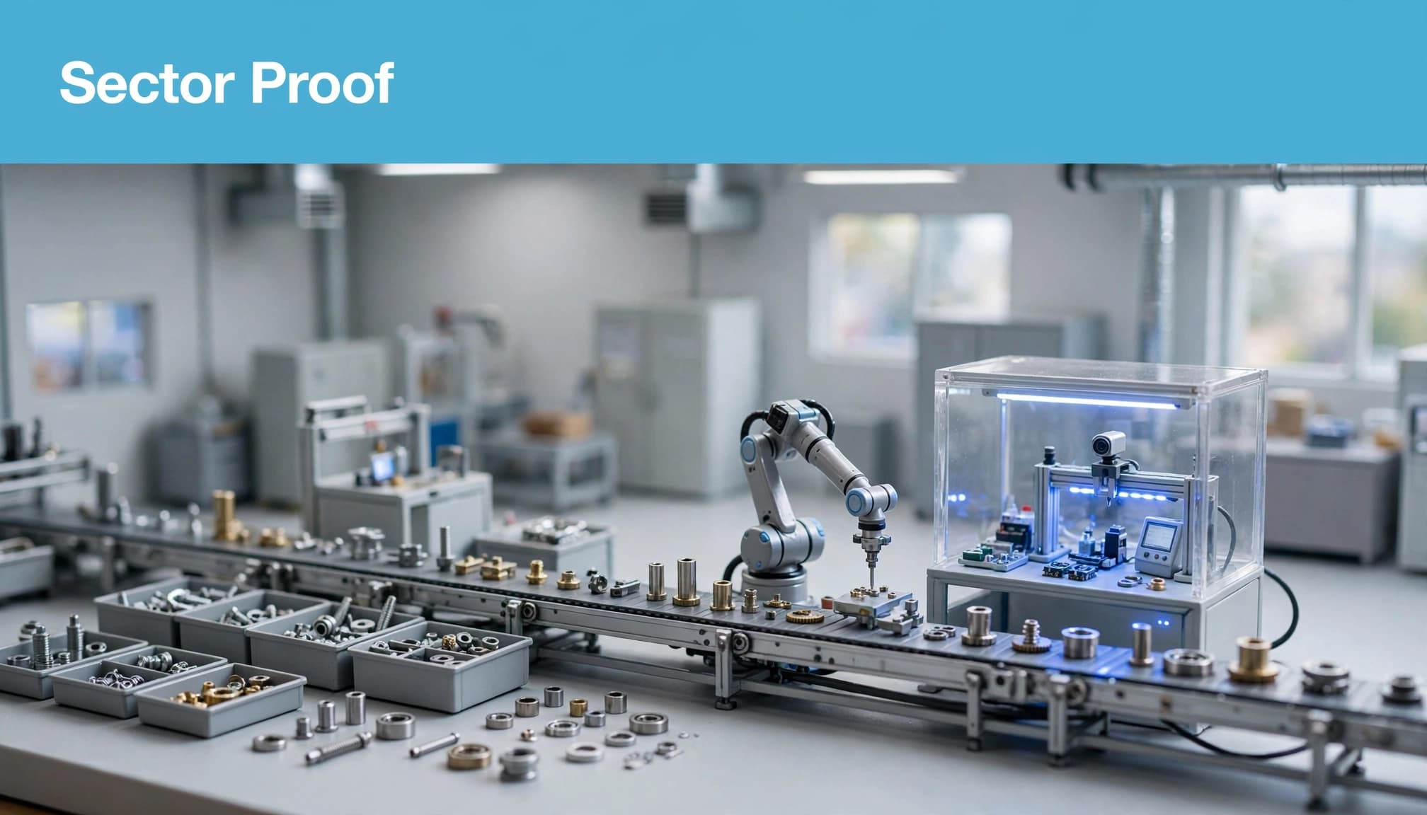 A robotic arm handles metal parts beside an inspection station in a clean factory.