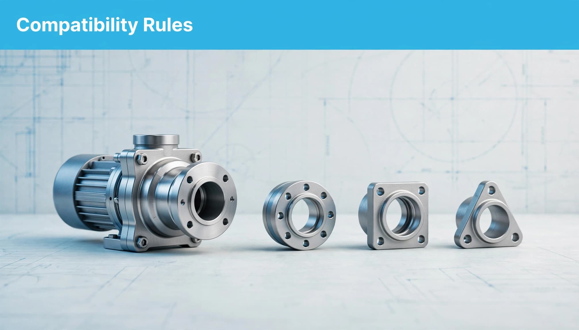 Technical illustration showing a pump assembly and three fittings with the headline Compatibility Rules.