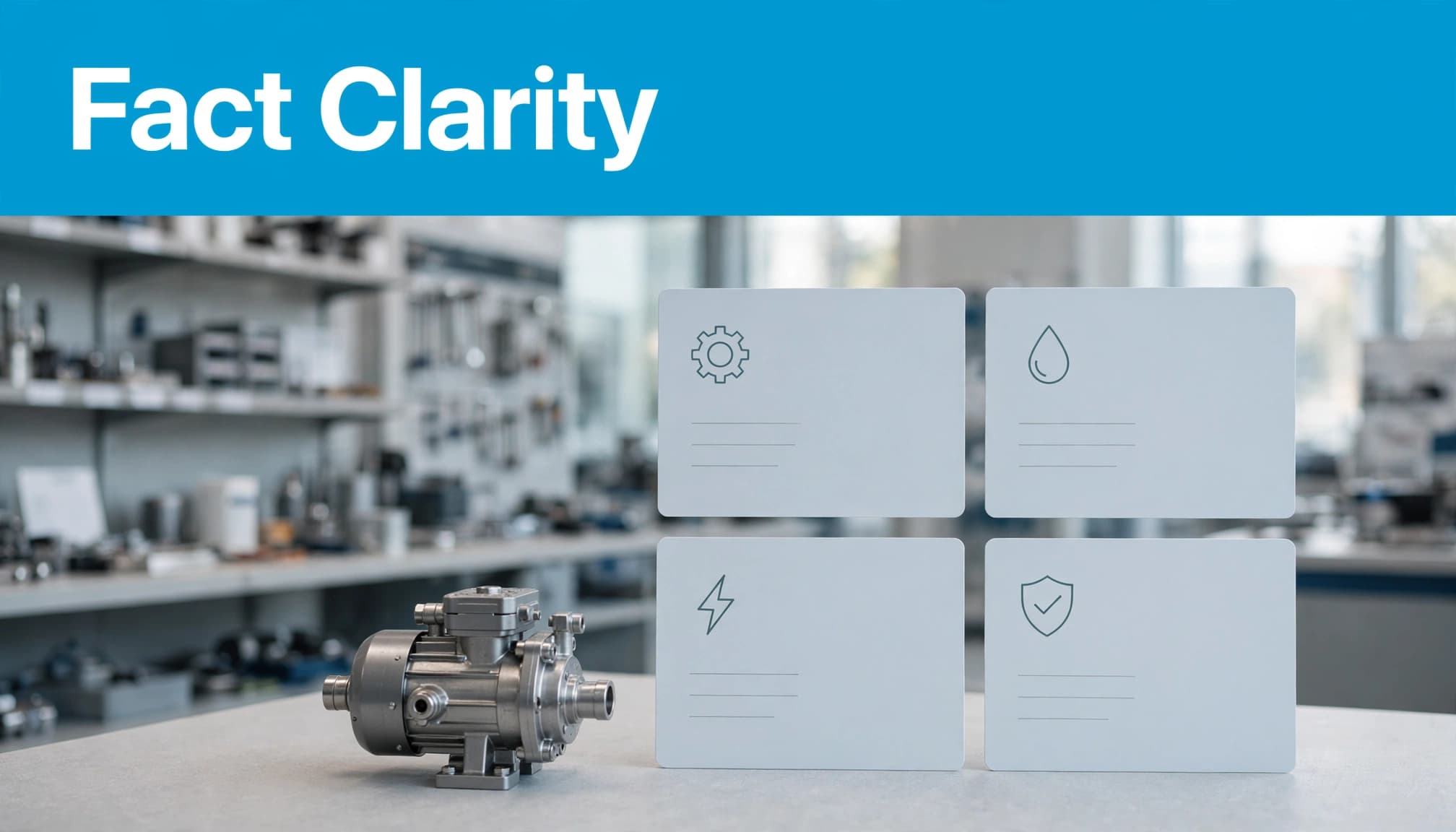 A small industrial pump sits beside neatly arranged specification cards in a bright showroom.