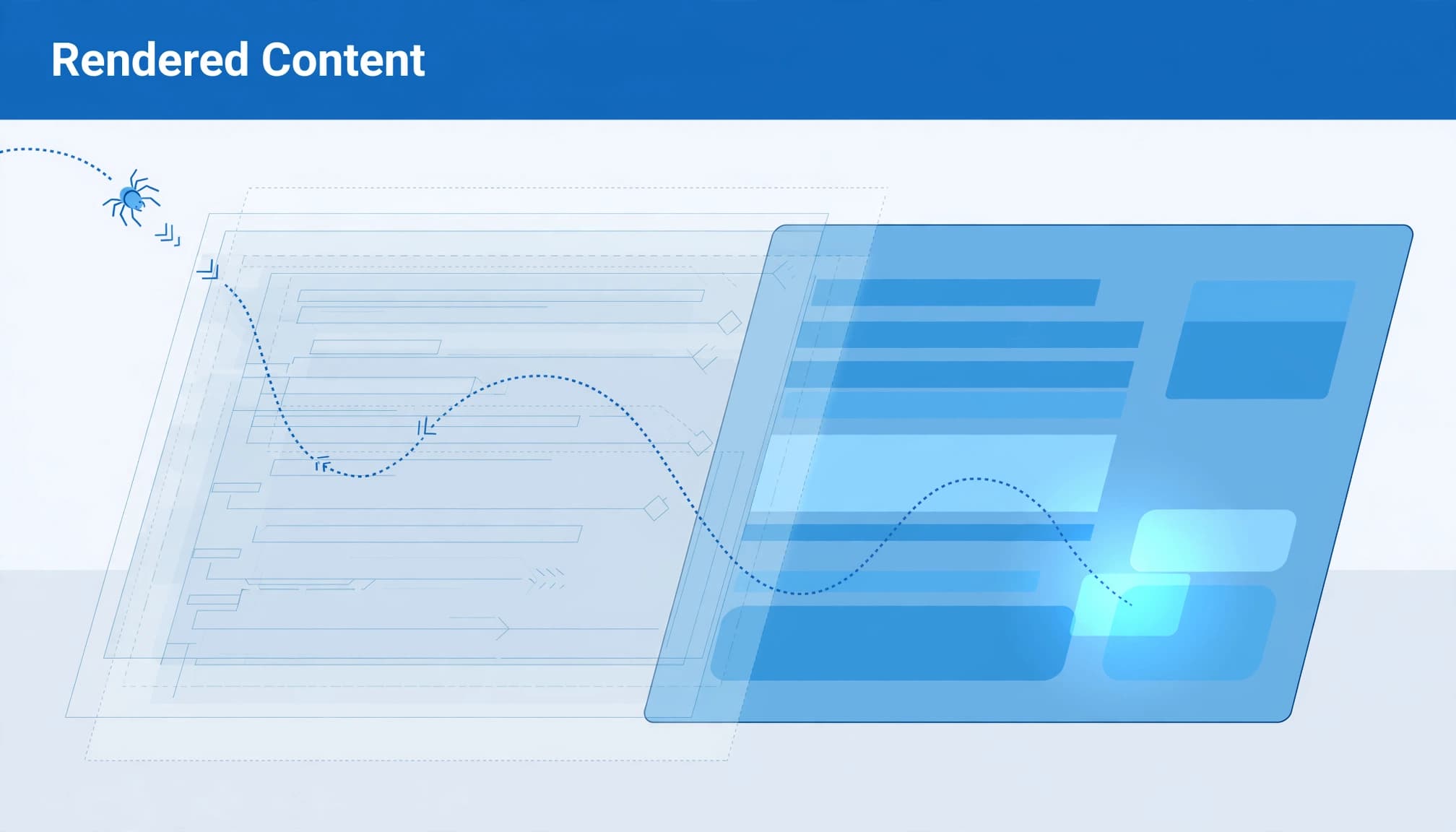 A crawler path enters layered browser panels and reveals abstract page content beneath a blue header.
