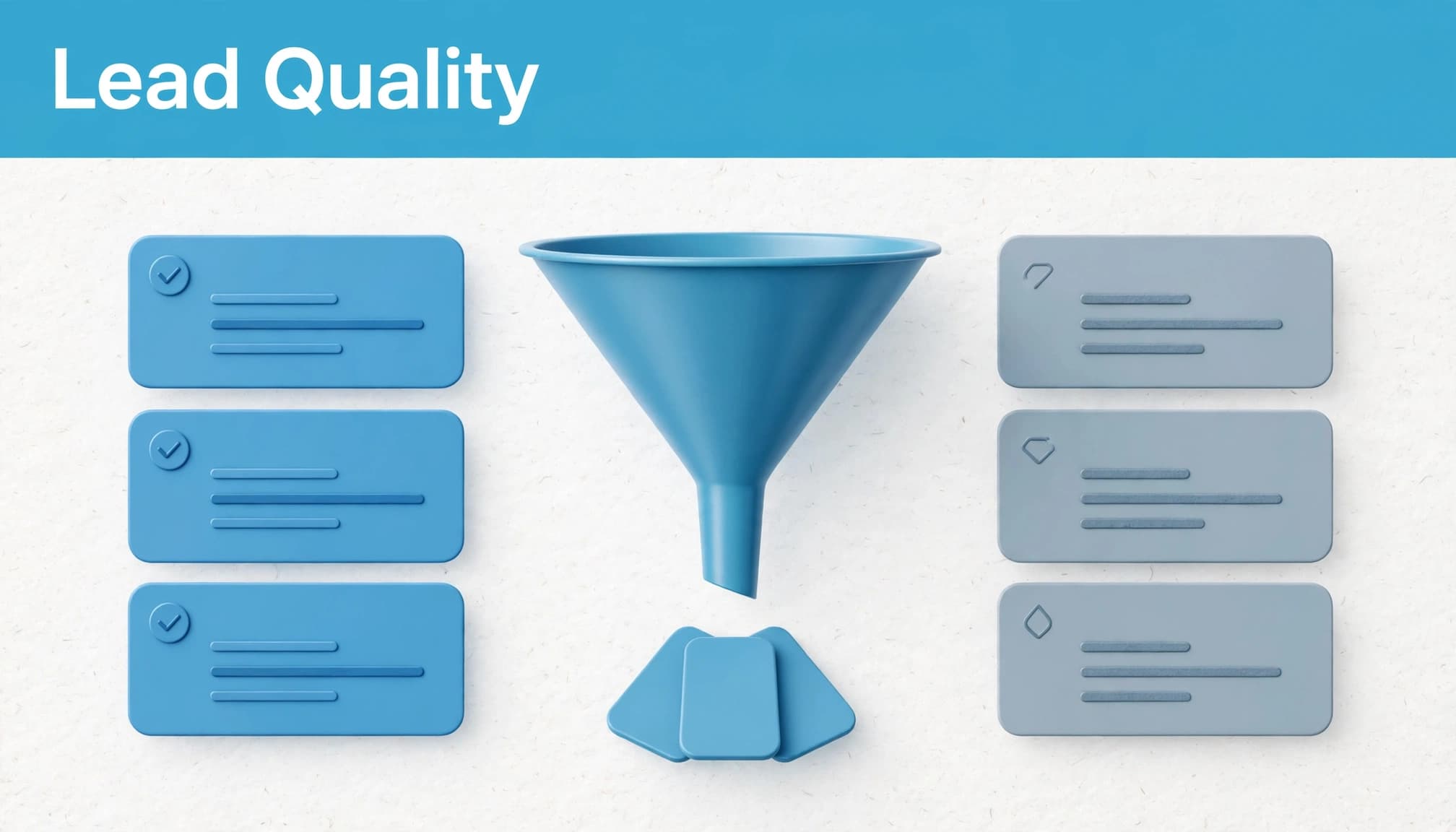 Abstract lead cards pass through a filter funnel beneath a blue Lead Quality heading.