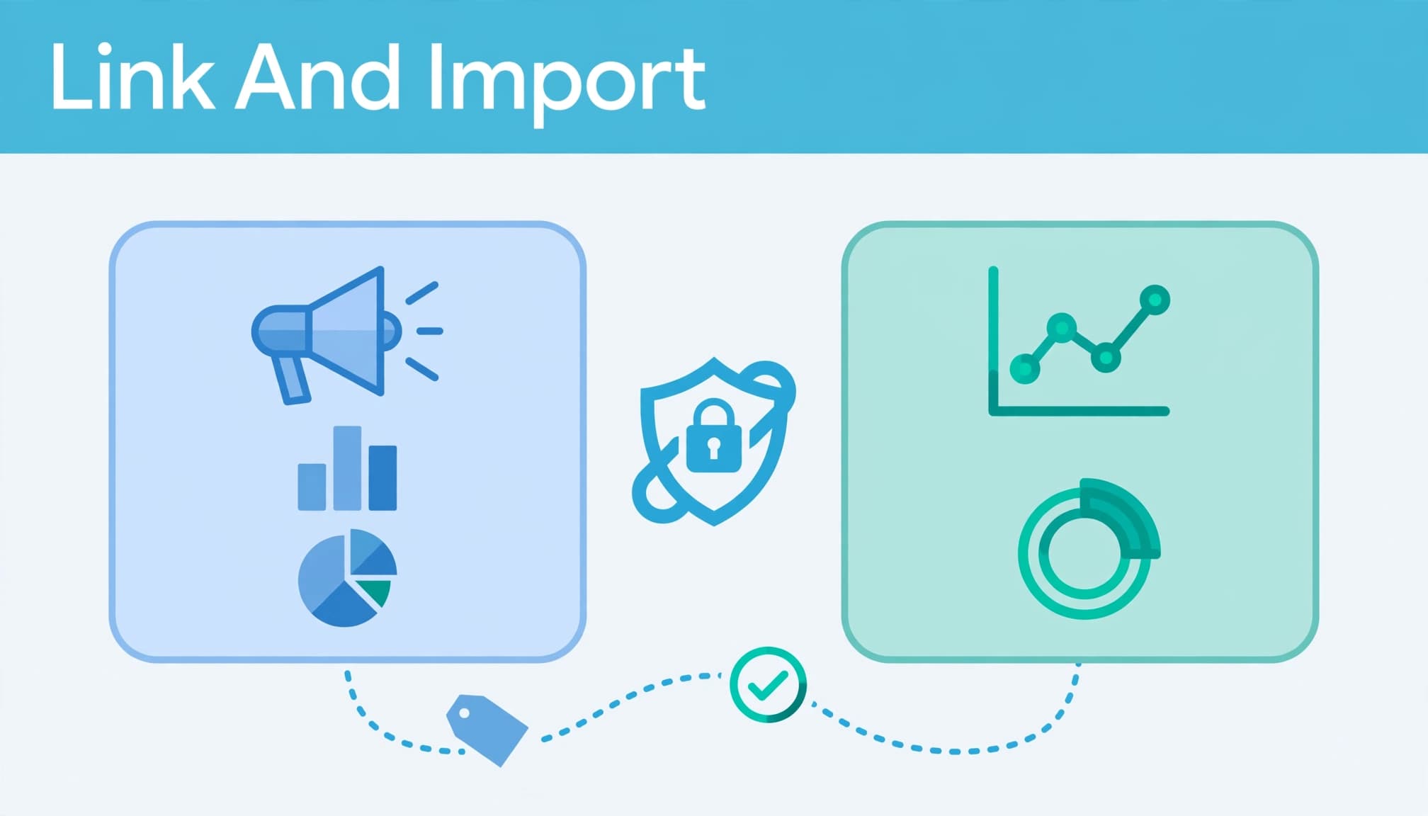 An analytics diagram with the headline Link And Import showing two connected panels and a tag path.