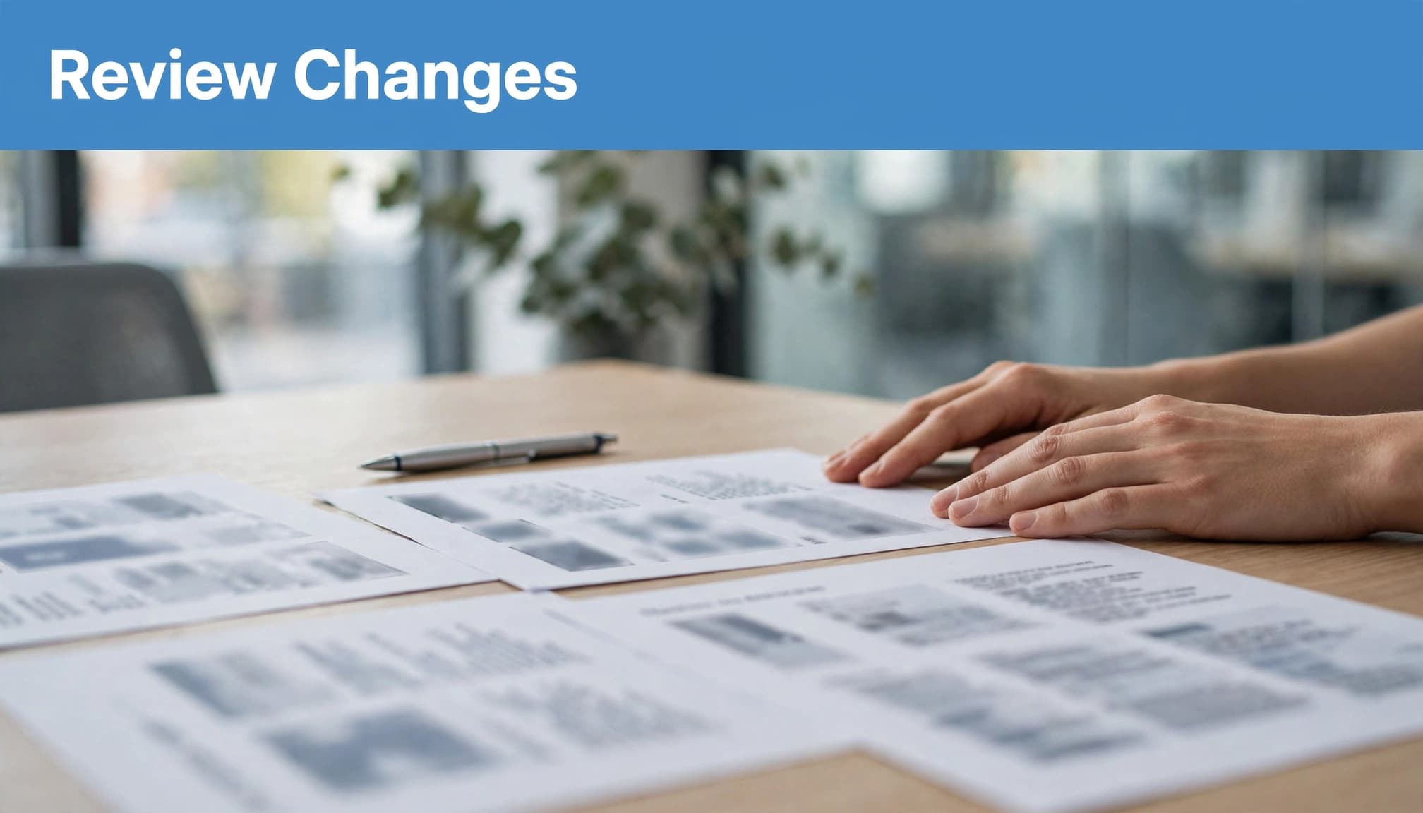 Relaxed hands beside translated service-page comparisons and a pen.