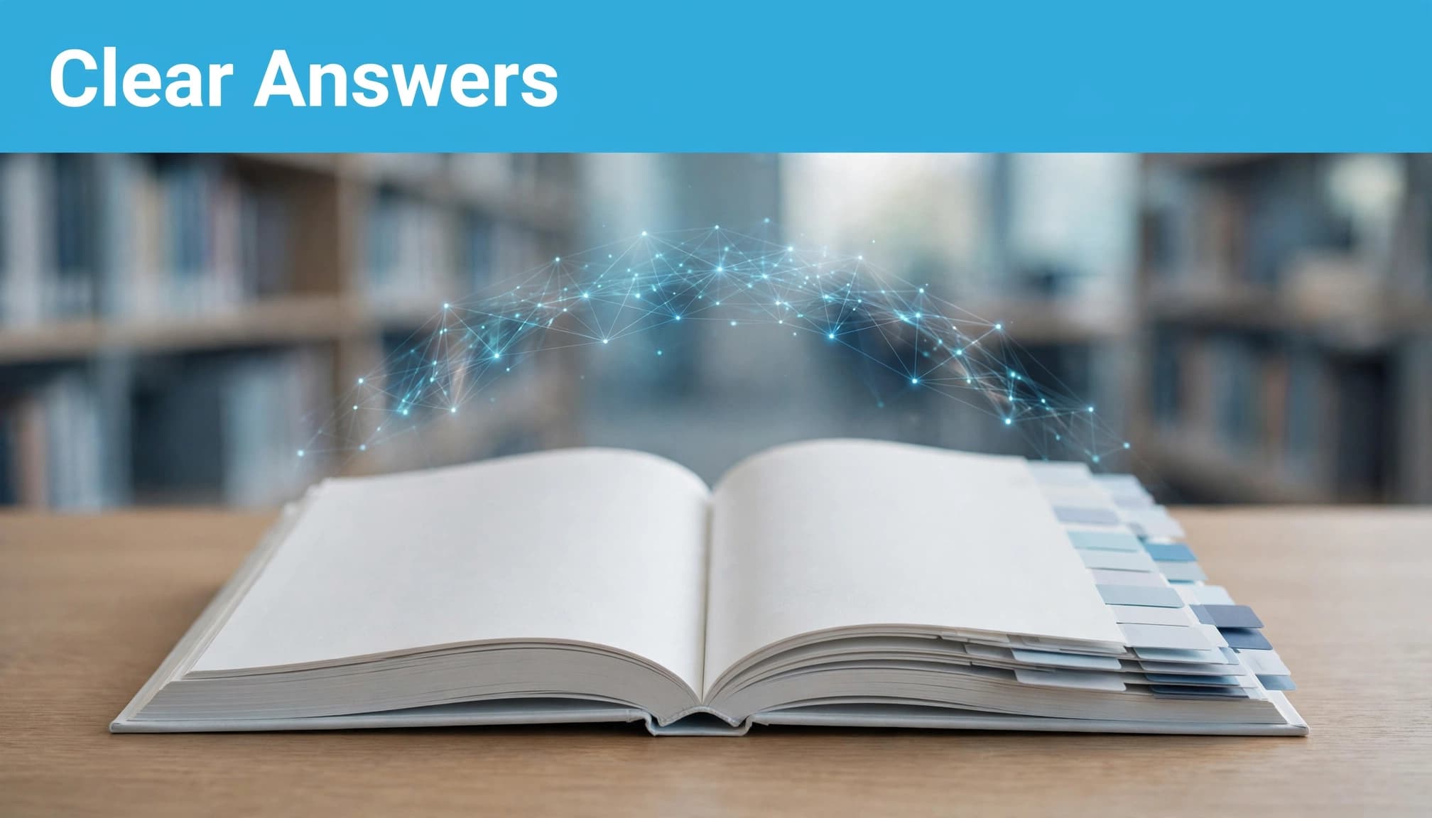 An open book with paper tabs beneath a cyan headline strip and a subtle arc of light points.