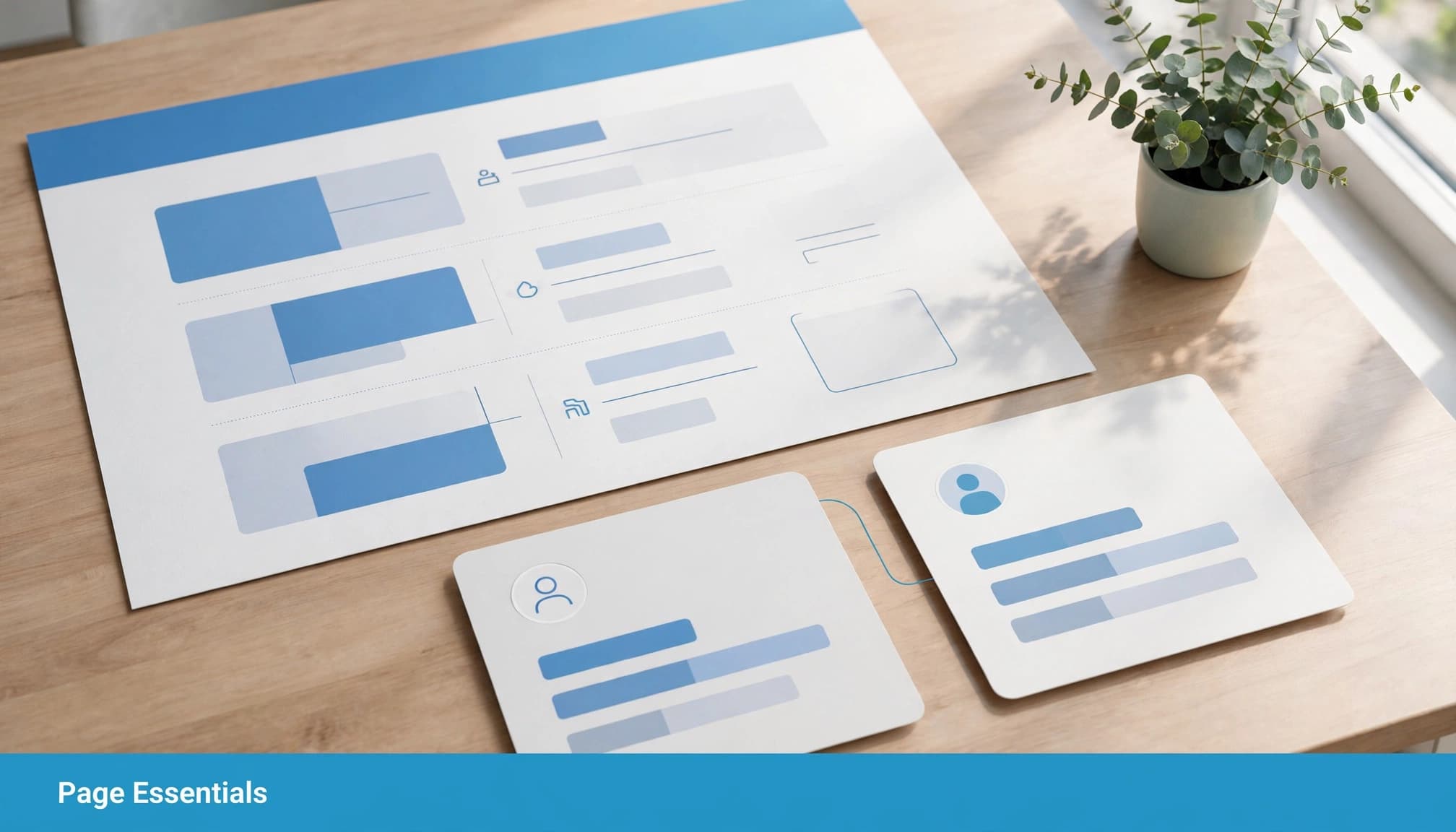 A printed page and two linked partner cards sit on a bright office table.