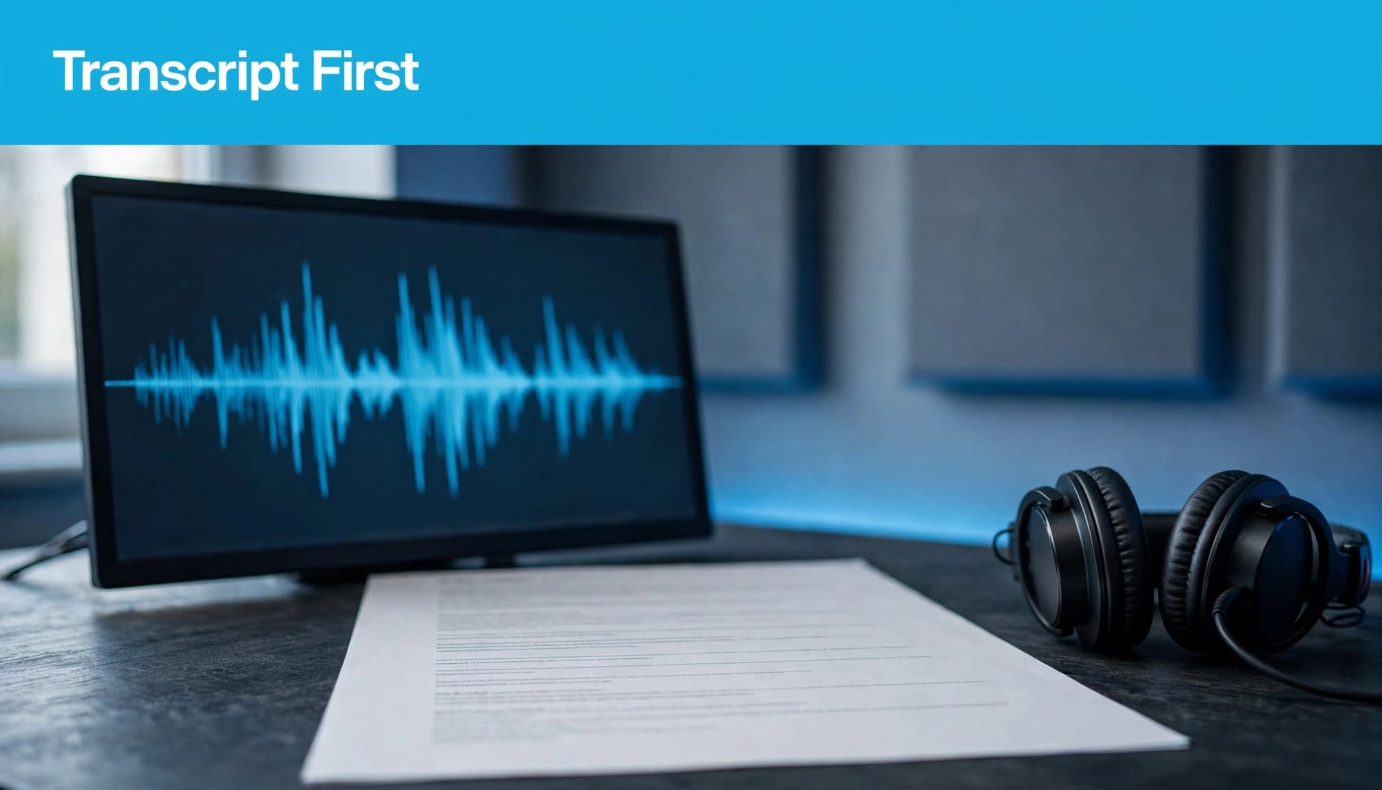 A monitor with an audio waveform, transcript page, and headphones beneath a blue headline strip.