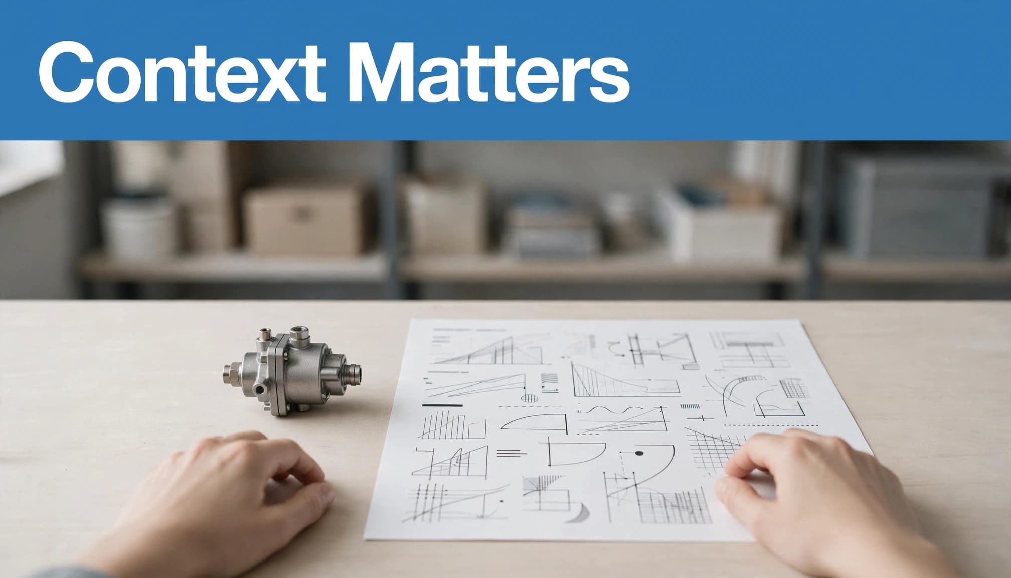 Two hands rest on a table next to a pump component and a diagram, with a blue caption bar reading Context Matters.