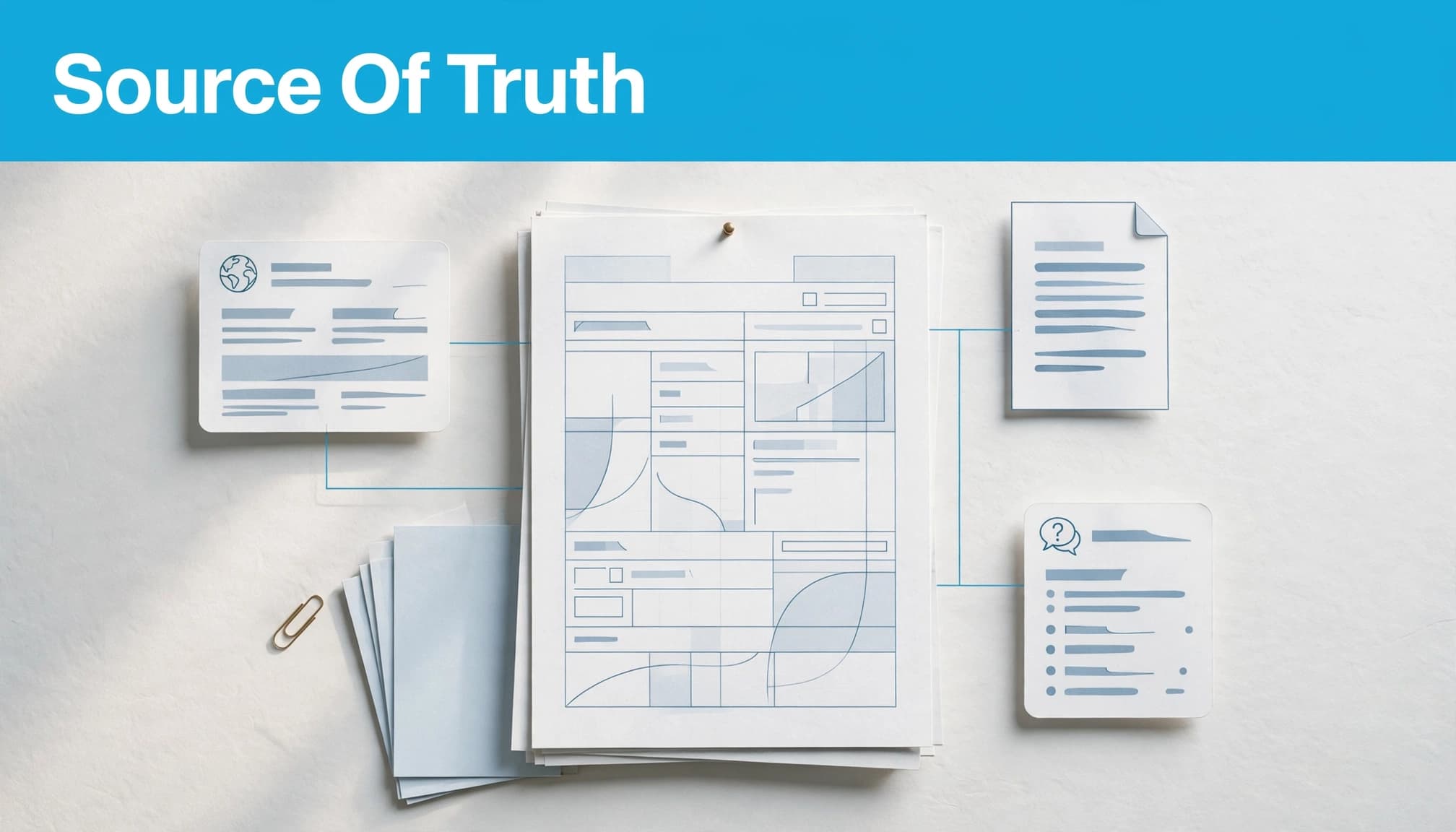 A central product sheet connects to abstract website, PDF, and support panels beneath a blue headline strip.