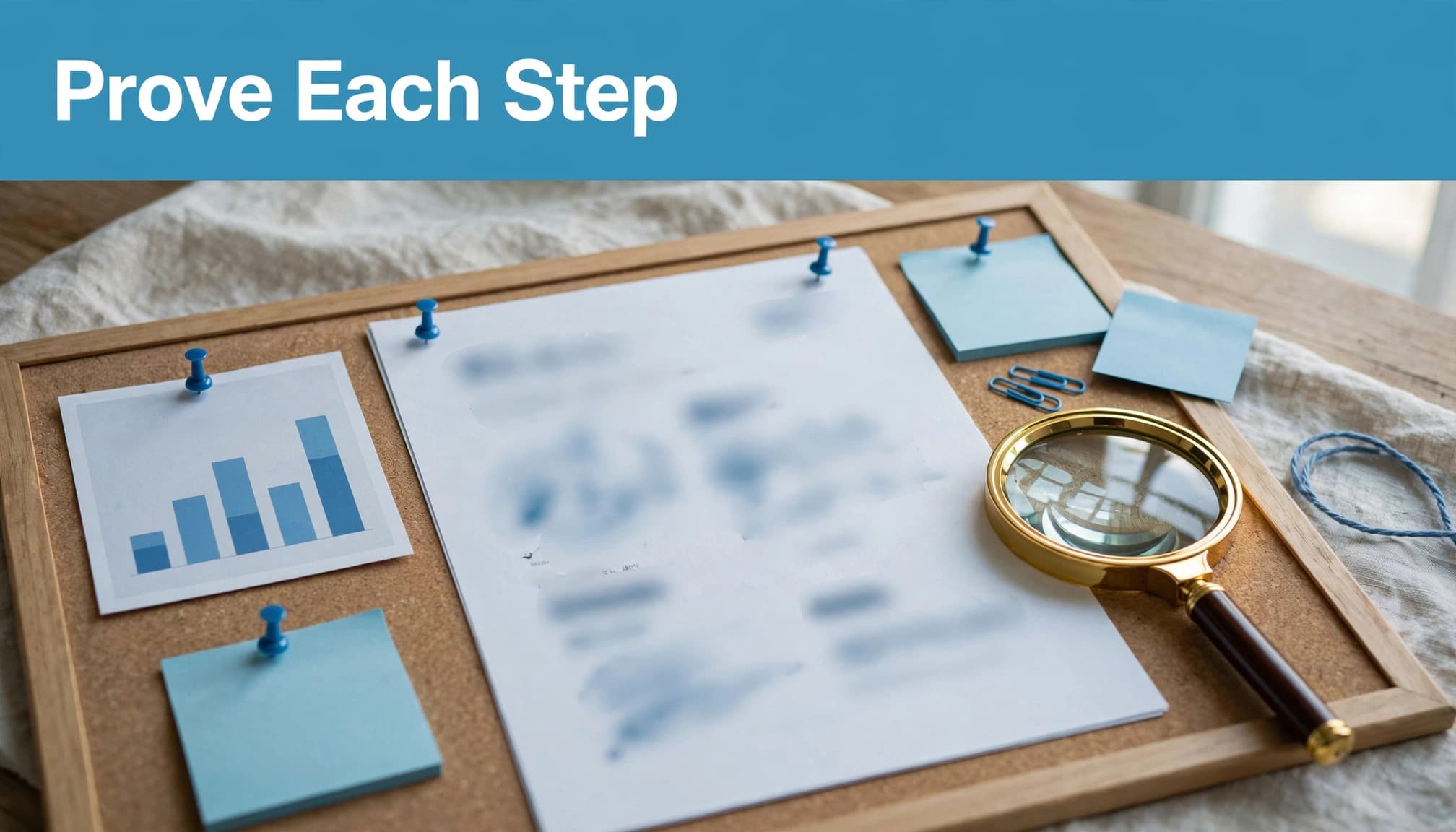 A chart, blurred deliverable page, and magnifying glass arranged on a project board.