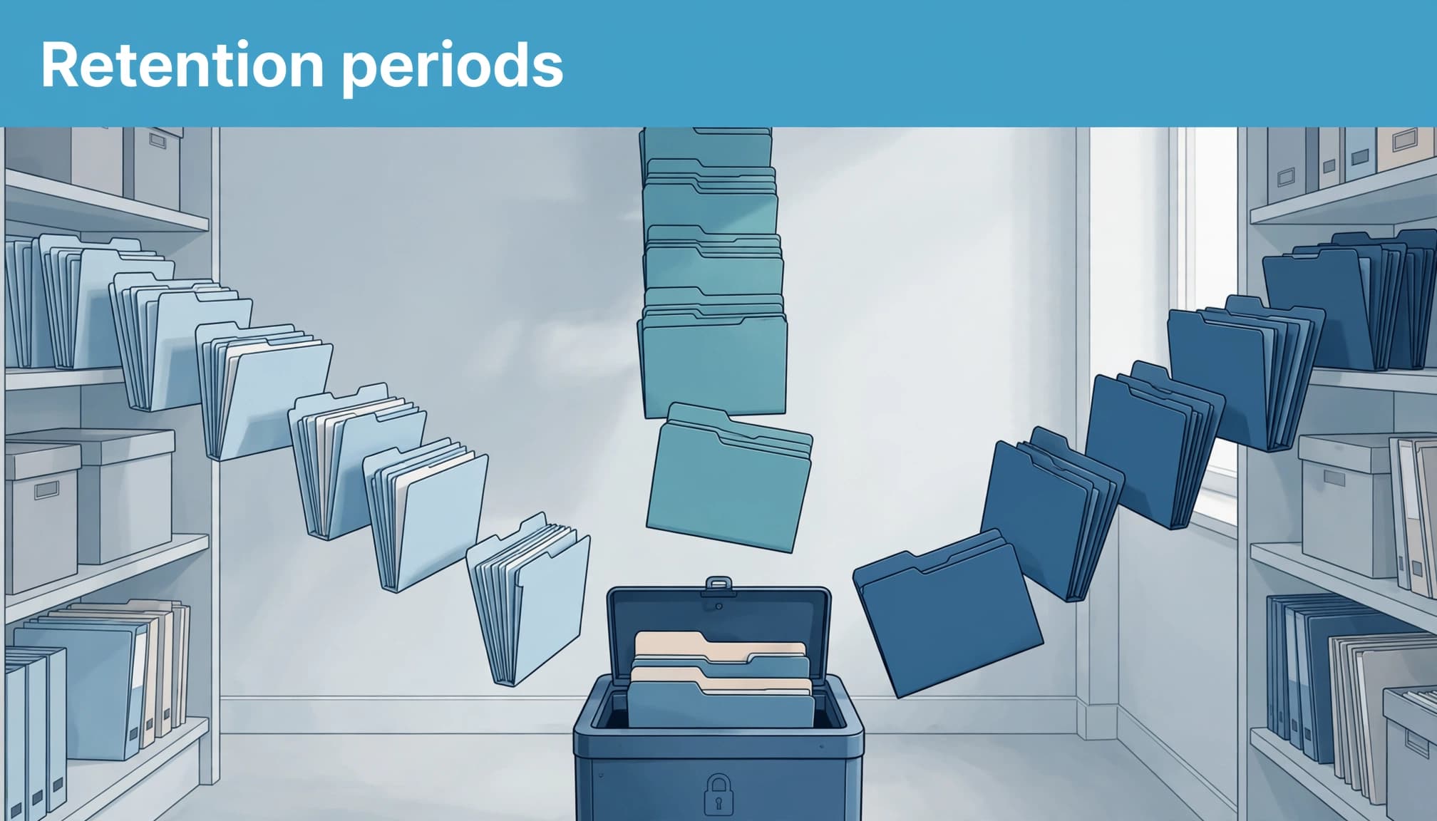 An illustration with the headline Retention periods showing folders moving into a secure bin.