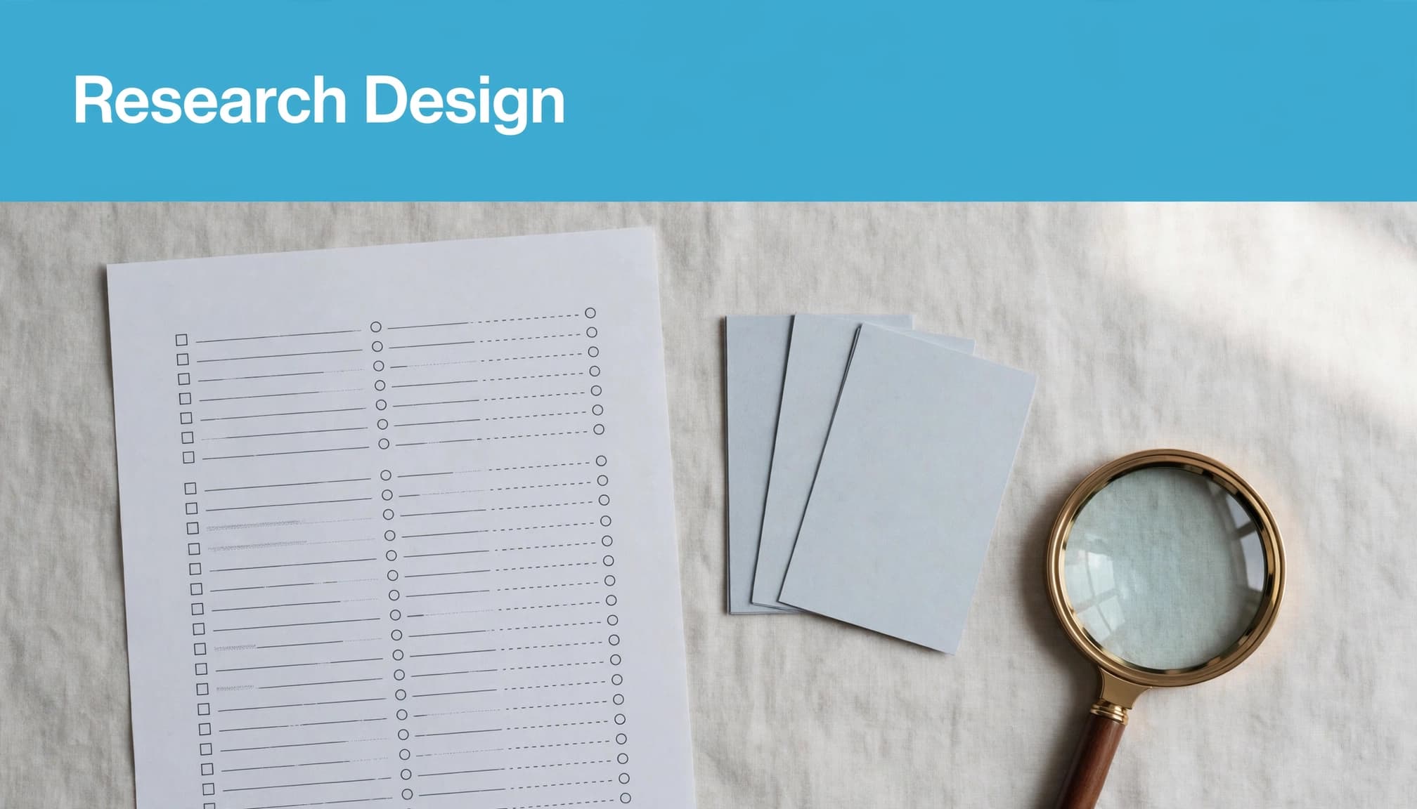A questionnaire, response cards, and magnifying glass sit beneath a blue Research Design headline.