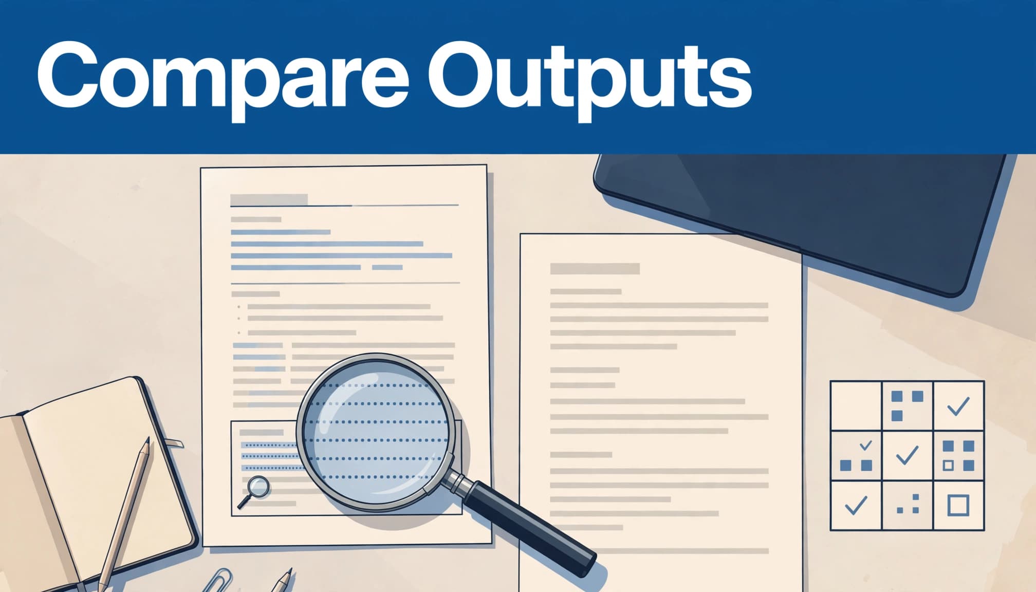 An illustration with the headline Compare Outputs showing printed documents, a magnifying glass, and a matrix.