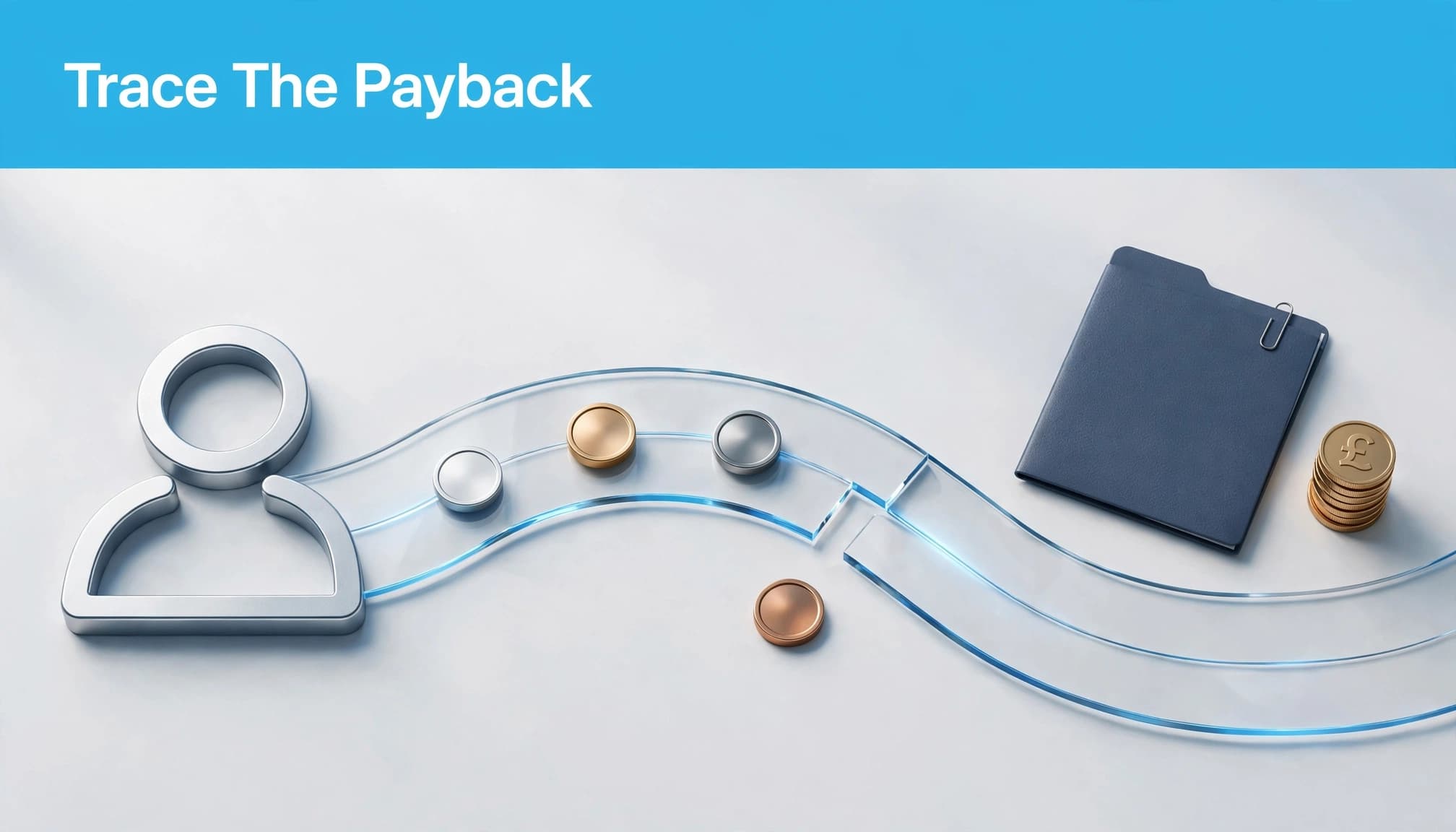 Metal tokens follow a curved track from a lead icon to a contract folder and coin stack, with one token excluded.